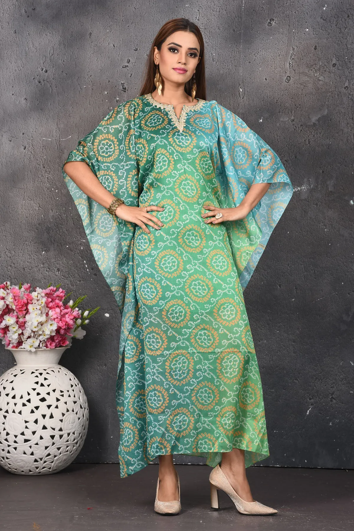 503159 Ombre Green Bandhani Kaftaan Dress