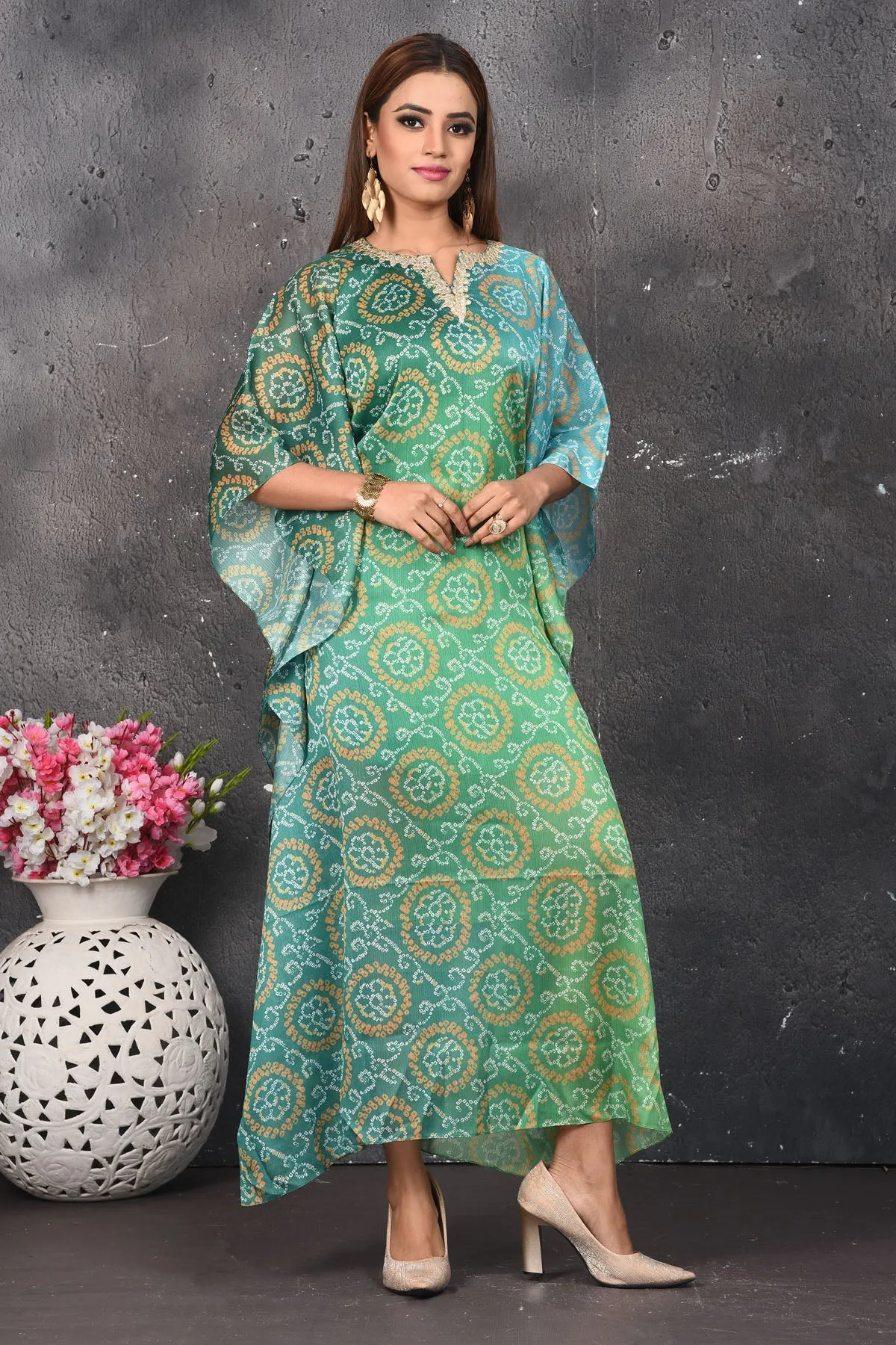 503159 Ombre Green Bandhani Kaftaan Dress