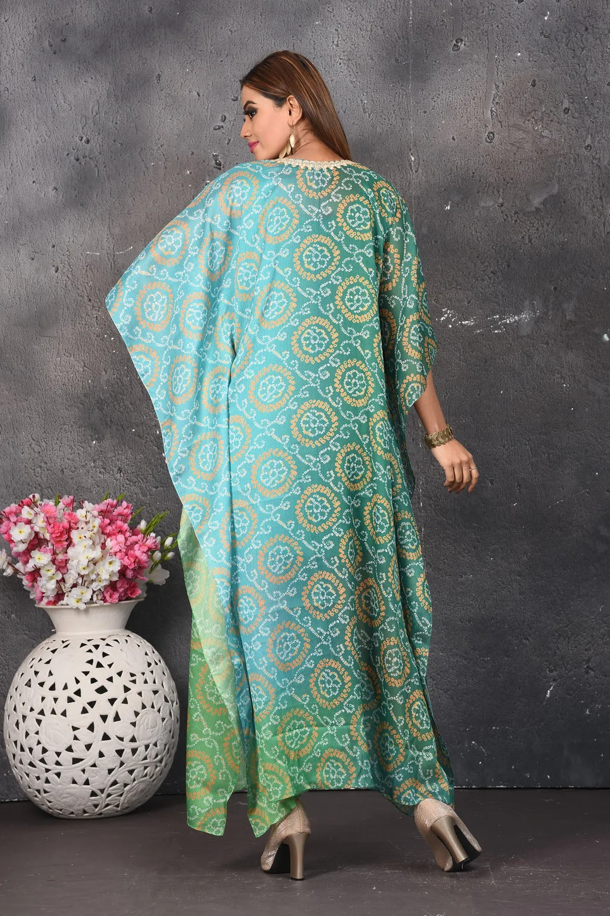 503159 Ombre Green Bandhani Kaftaan Dress