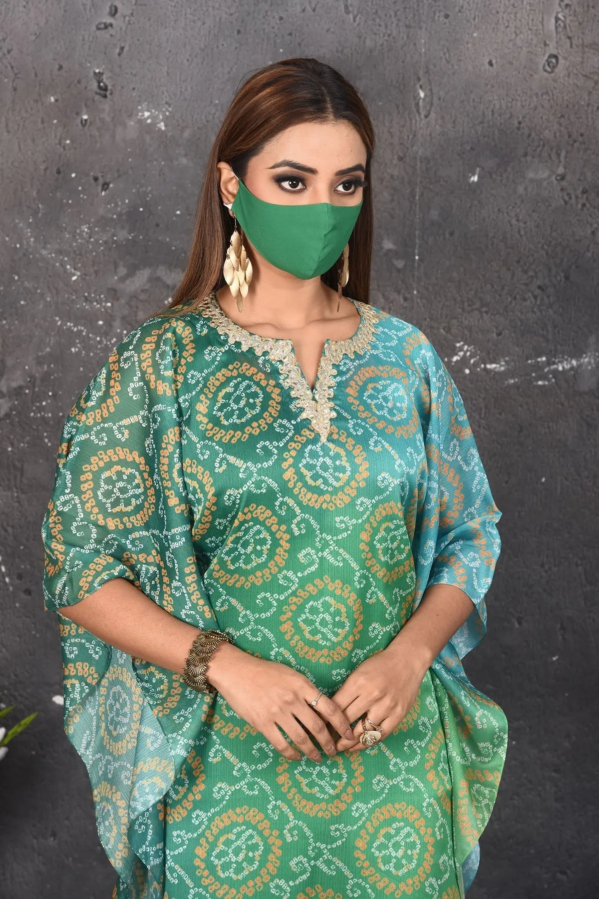 503159 Ombre Green Bandhani Kaftaan Dress
