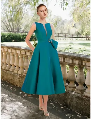 A-Line Cocktail Dresses Elegant Dress Cocktail Party Tea Length Christmas Sleeveless Scoop Neck Satin with Pleats Ruched Crystals