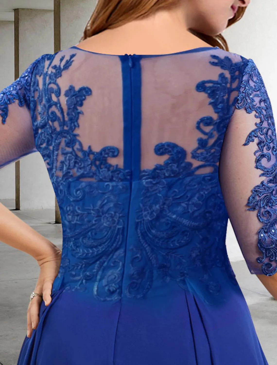 A-Line Plus Size Curve Mother of the Bride Dresses Elegant Dress Formal Tea Length Half Sleeve Jewel Neck Chiffon with Pleats Sequin Appliques