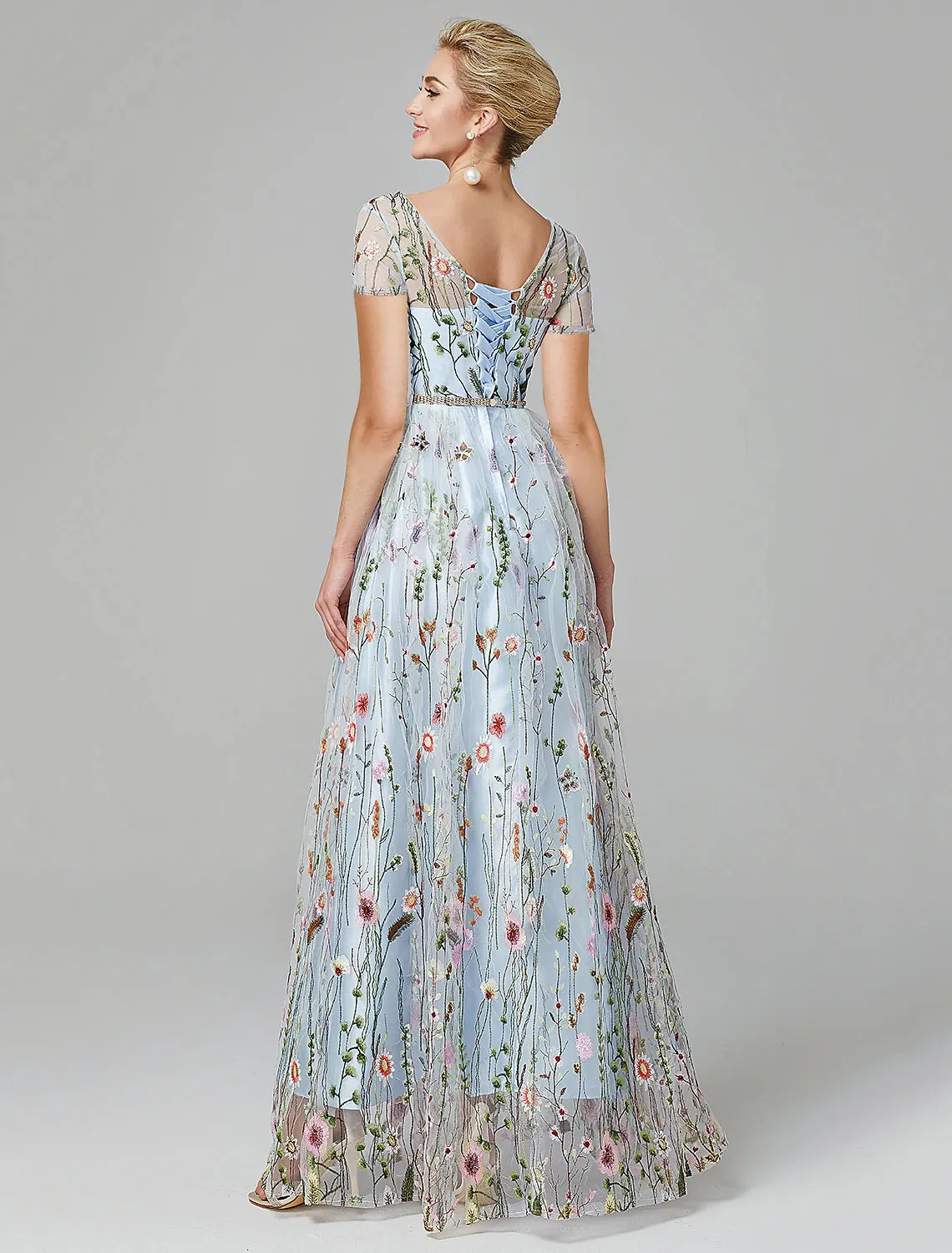 A-Line Prom Dresses Elegant Dress Wedding Guest Floor Length Short Sleeve Illusion Neck Lace with Slit Appliques