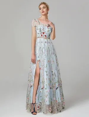 A-Line Prom Dresses Elegant Dress Wedding Guest Floor Length Short Sleeve Illusion Neck Lace with Slit Appliques
