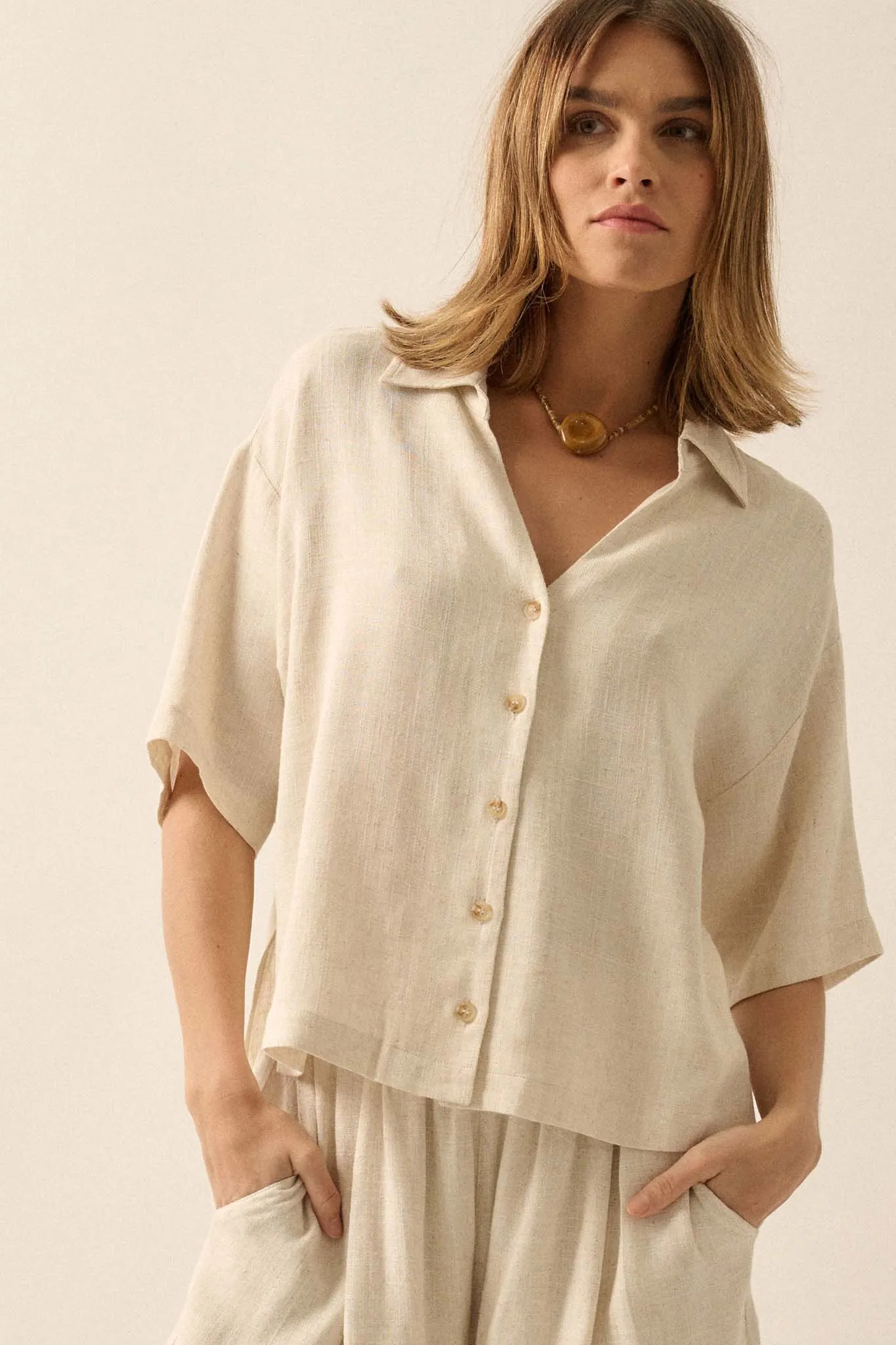 Act Natural Linen-Blend Oversize Short-Sleeve Shirt