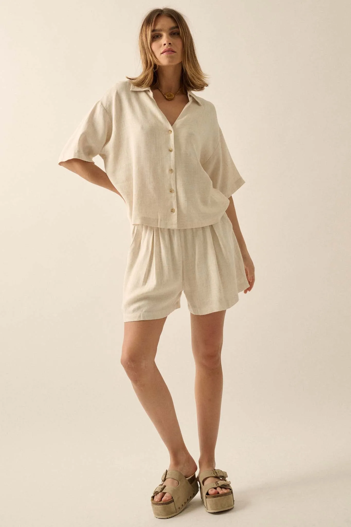 Act Natural Linen-Blend Oversize Short-Sleeve Shirt