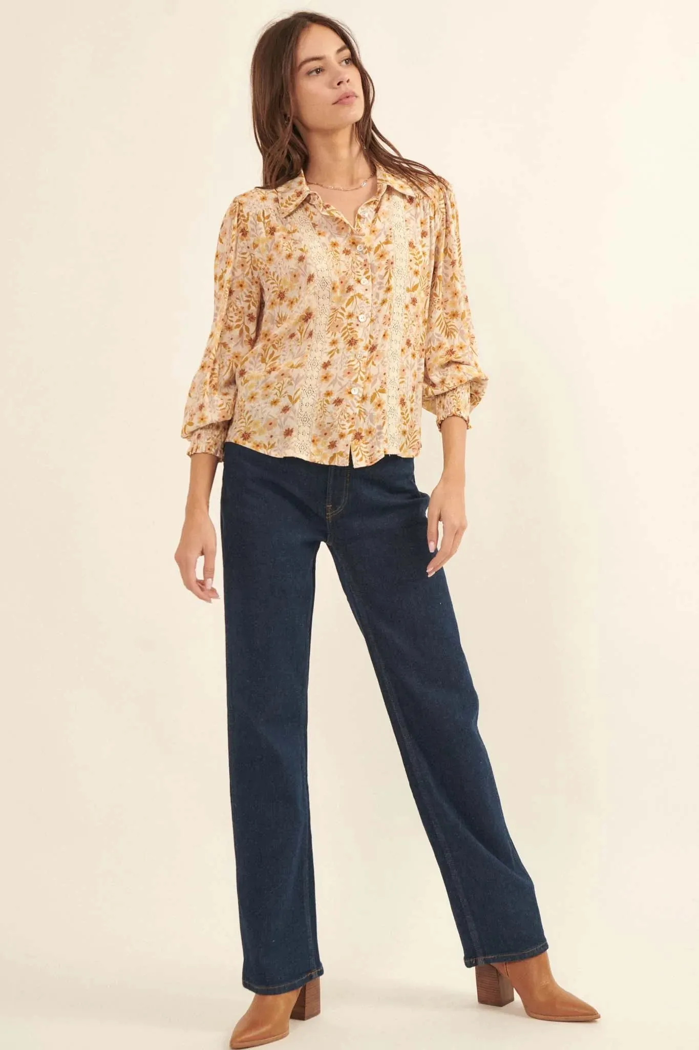 Amber Blooms Lace-Trim Floral Button-Up Shirt