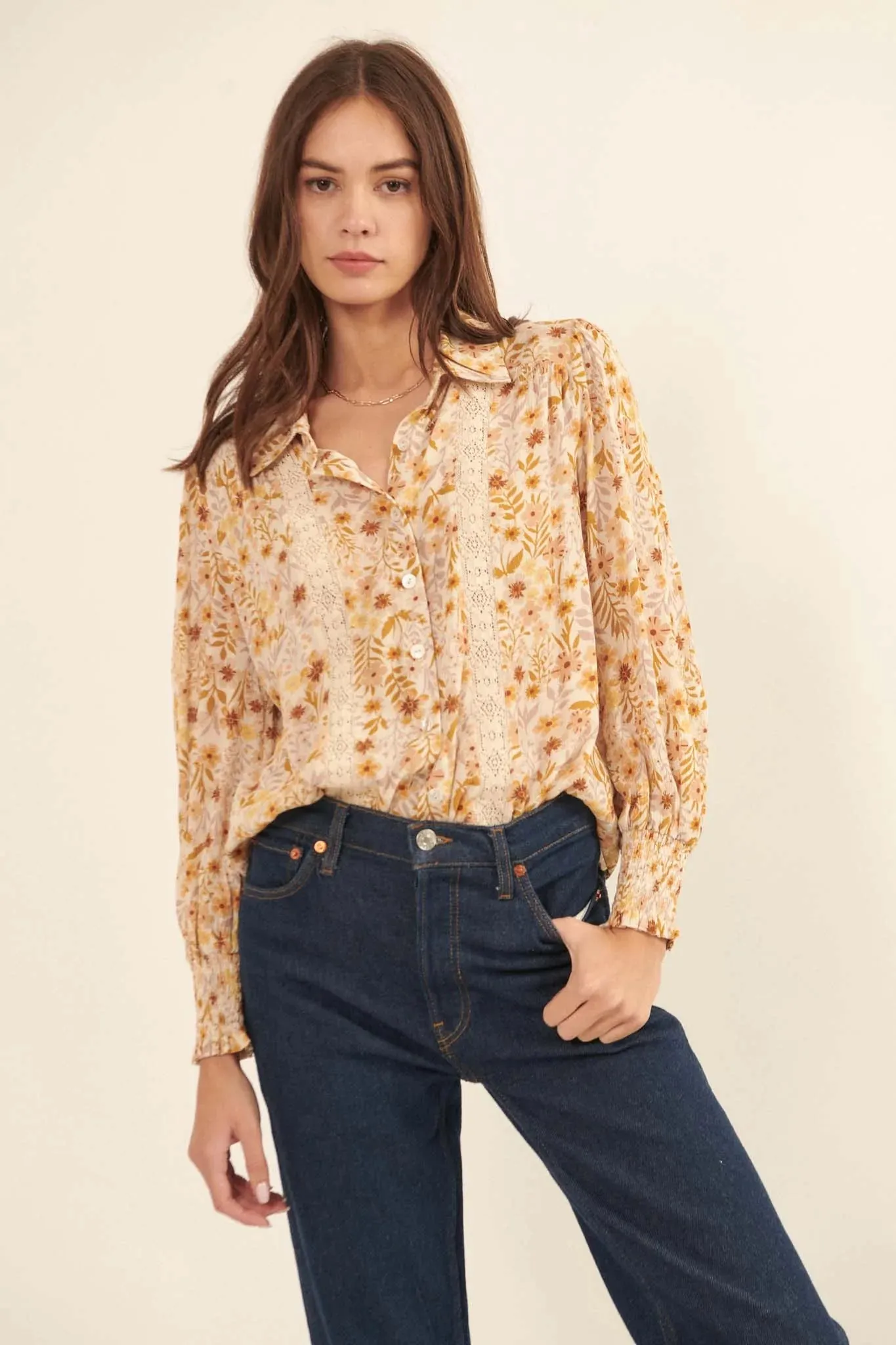 Amber Blooms Lace-Trim Floral Button-Up Shirt