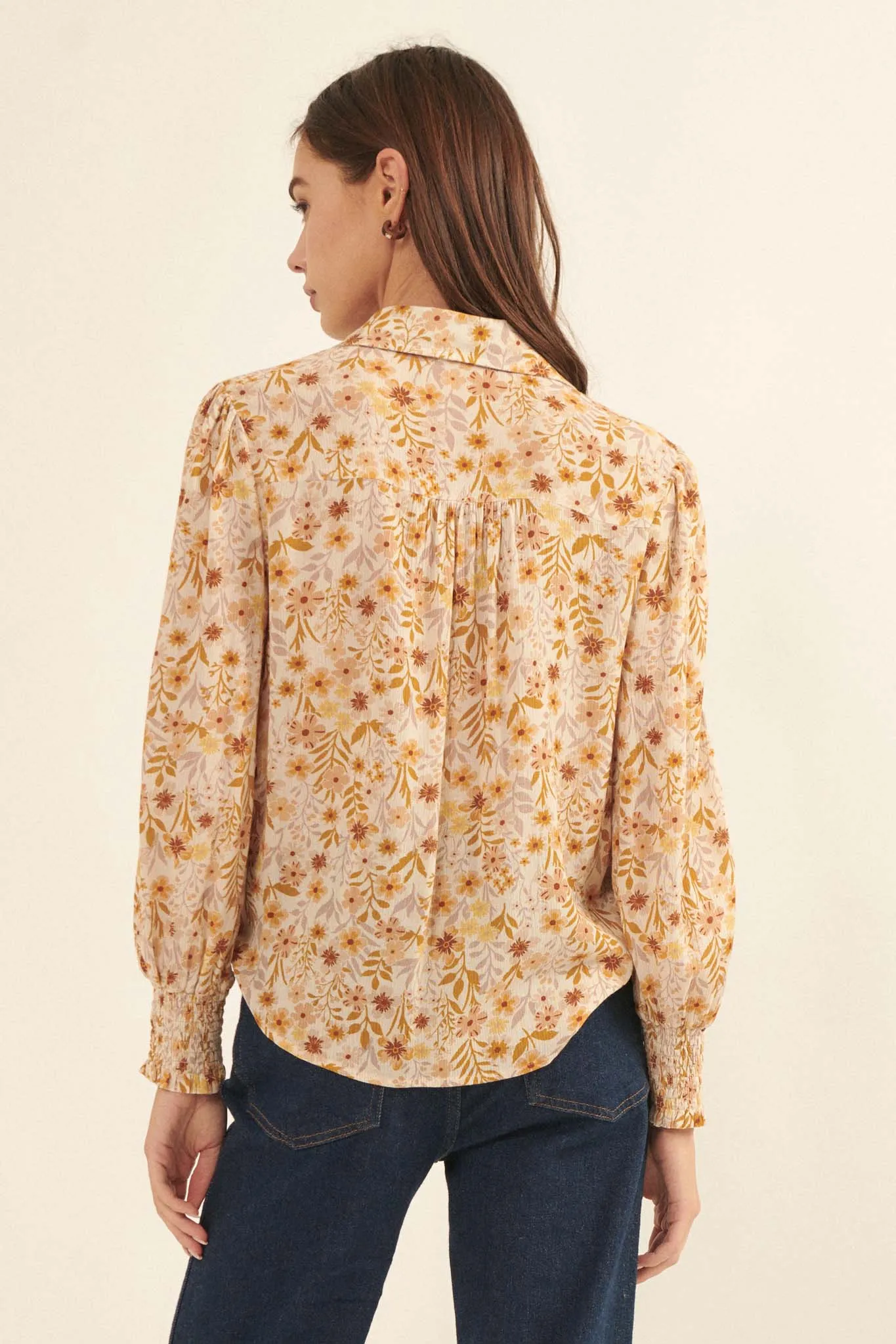 Amber Blooms Lace-Trim Floral Button-Up Shirt
