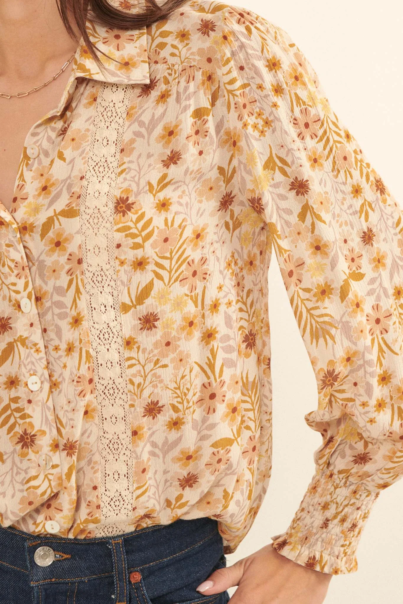 Amber Blooms Lace-Trim Floral Button-Up Shirt