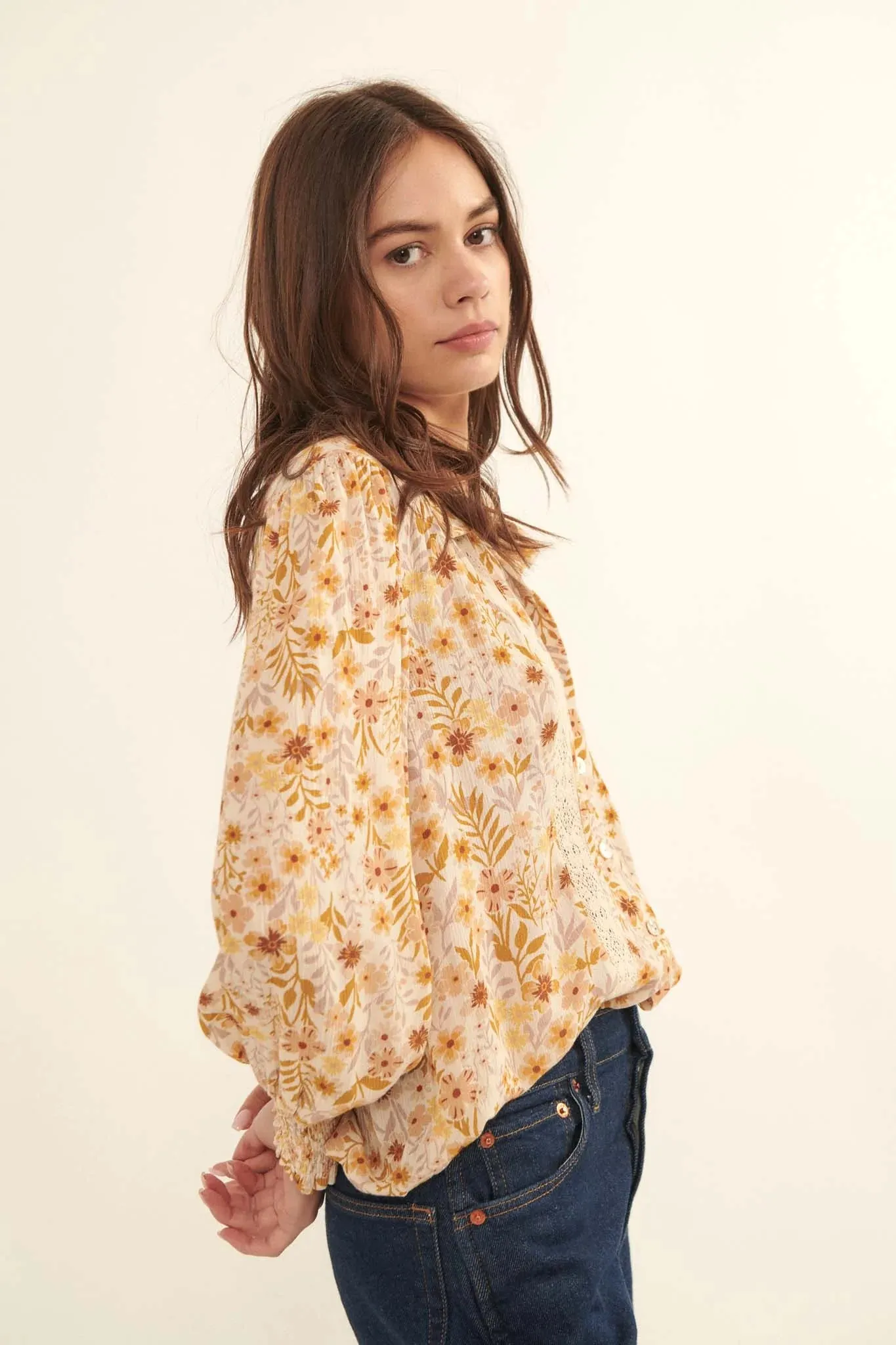 Amber Blooms Lace-Trim Floral Button-Up Shirt
