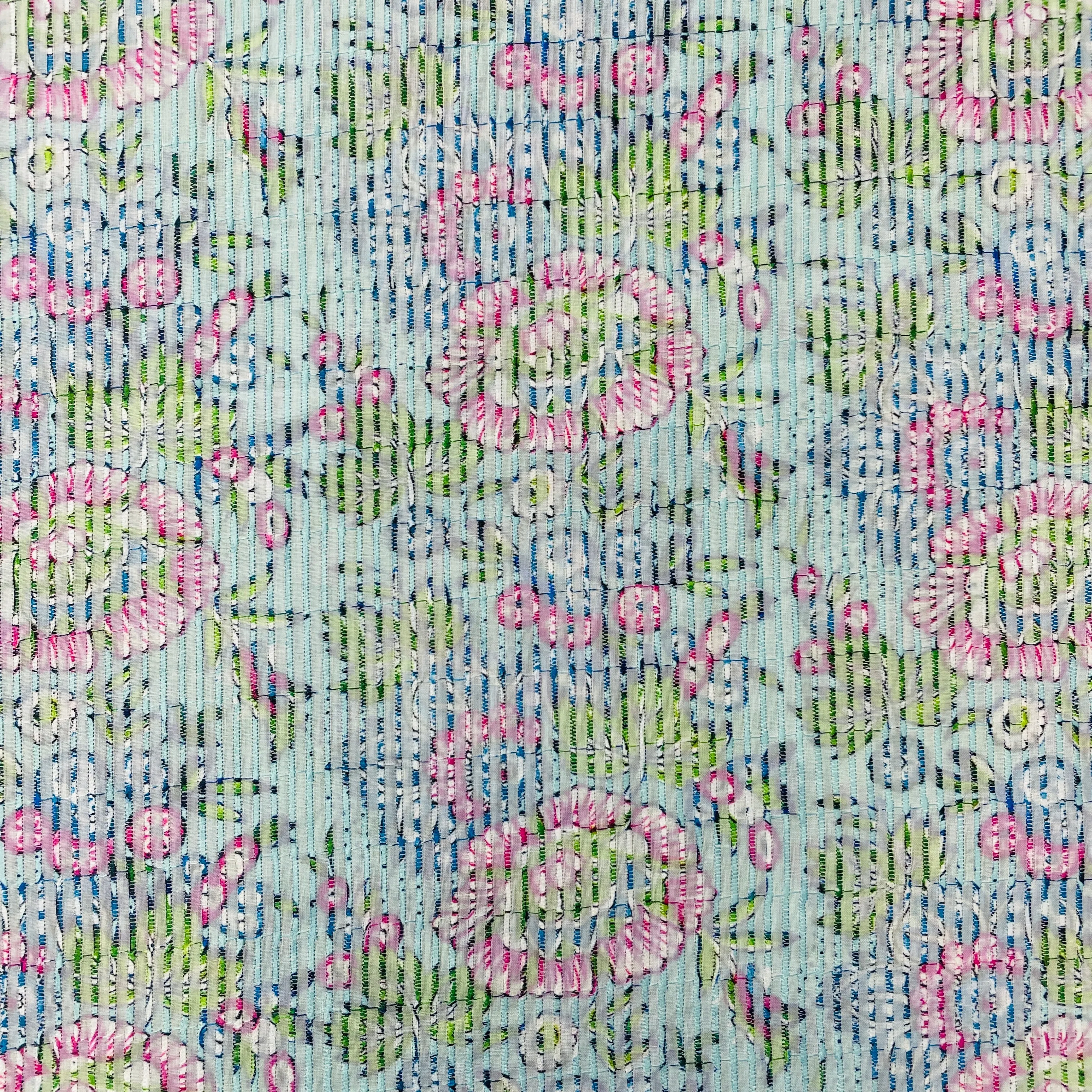 Aqua Blue Multicolor Digital Floral Print Embroidery Cotton Fabric