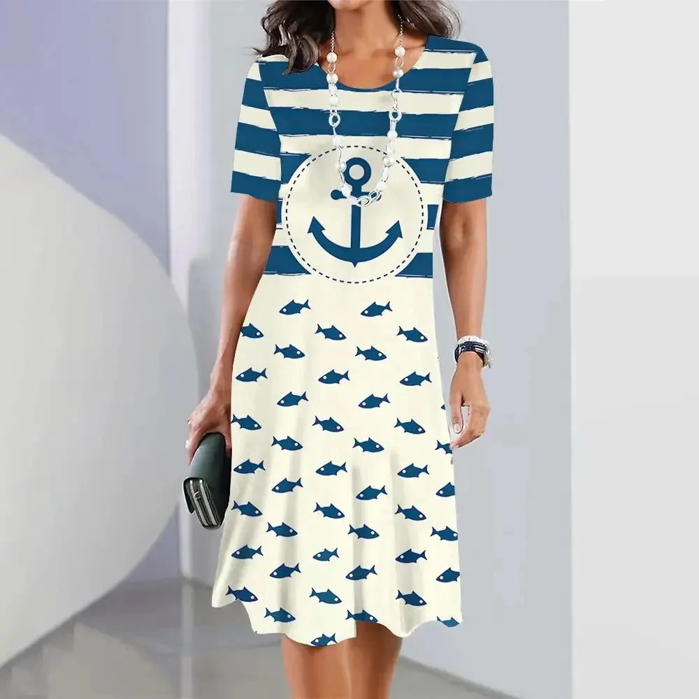 Ashore Shop 3d Anchor Printed Short Sleeve Skirt Summer  Dress