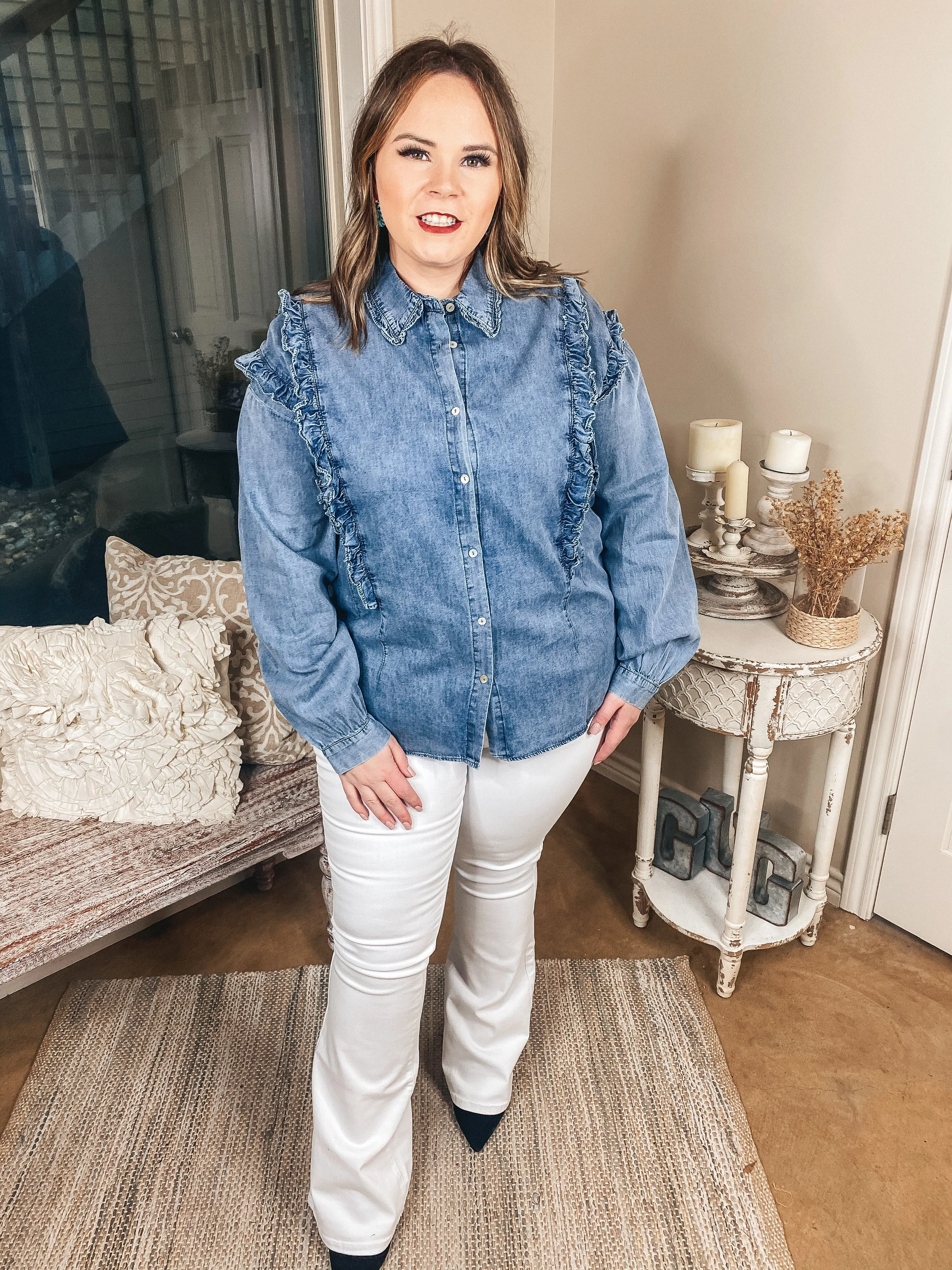 Attention To Detail Button Up Collared Denim Top with Ruffle Detail