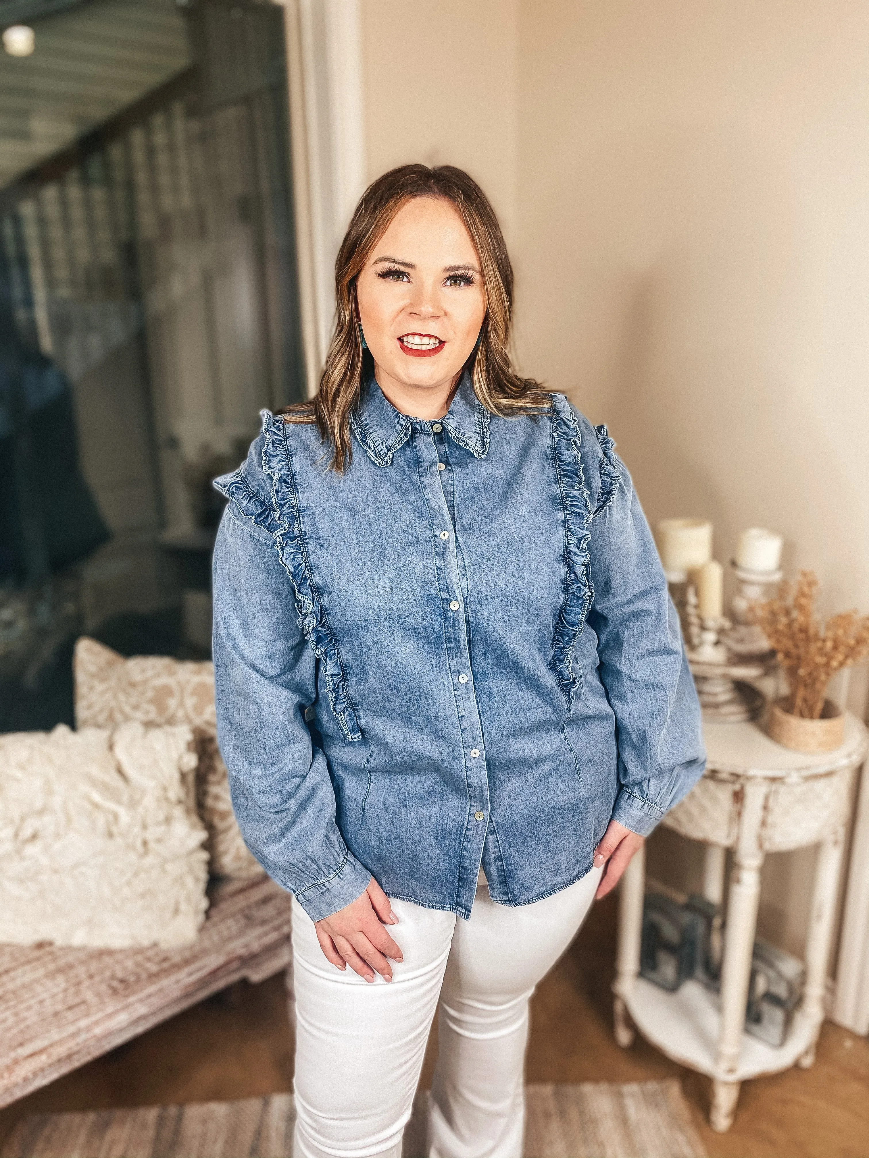 Attention To Detail Button Up Collared Denim Top with Ruffle Detail
