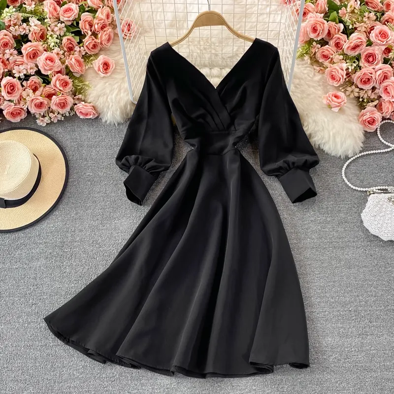 Autumn V Neck Elegant Long Sleeves Chiffon Dress 1525