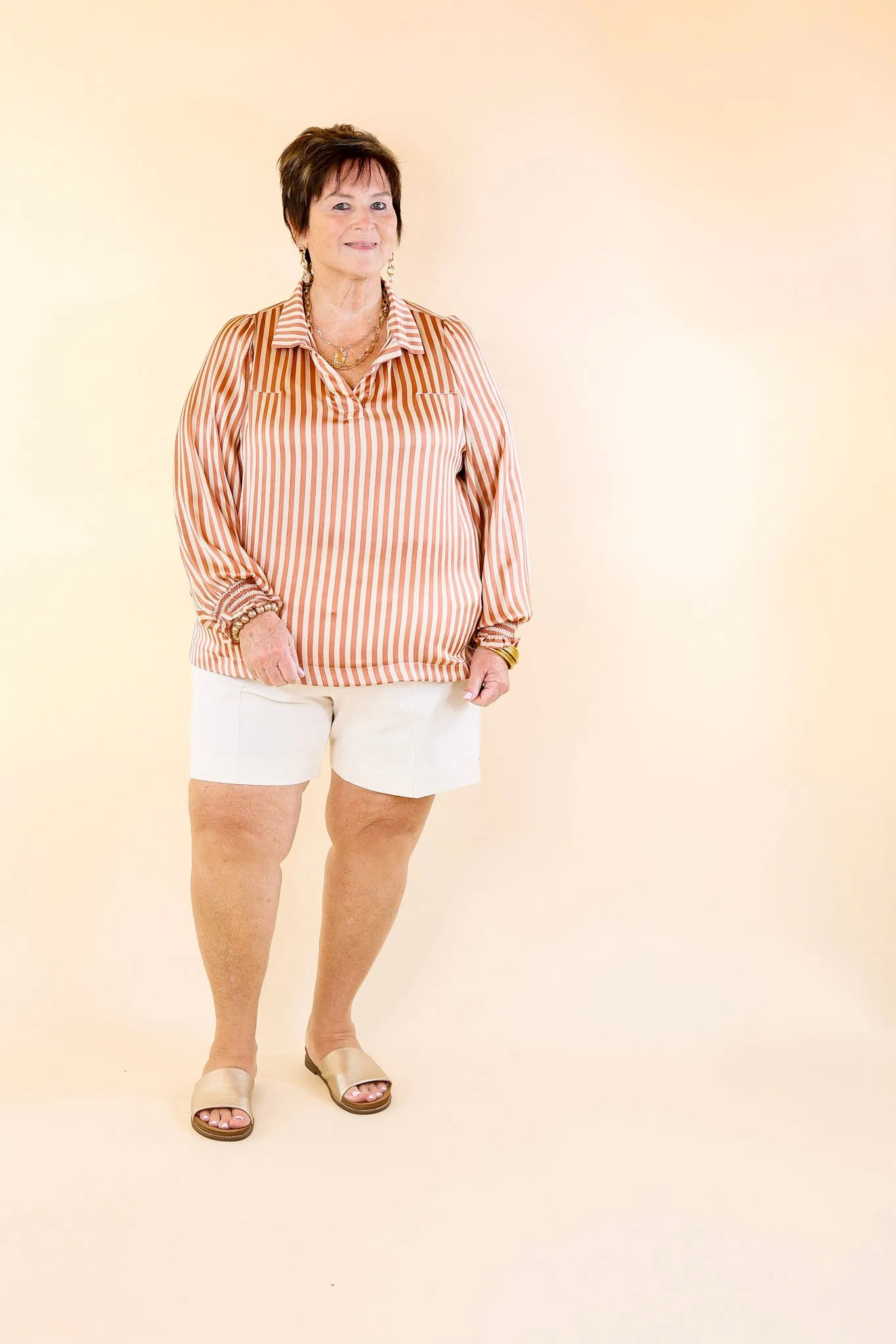 Back To Classic Long Sleeve Striped Top in Dusty Coral Orange