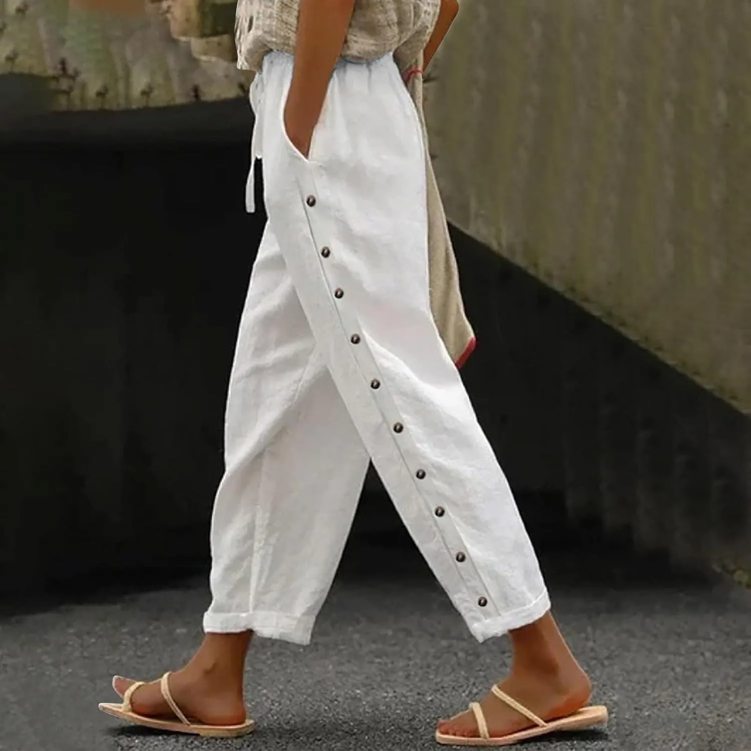 Beach Pants for Women 2025 Fashion Solid Color Cotton Elastic Long Pants Beach Leisure Trousers Linen
