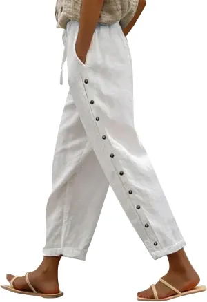 Beach Pants for Women 2025 Fashion Solid Color Cotton Elastic Long Pants Beach Leisure Trousers Linen