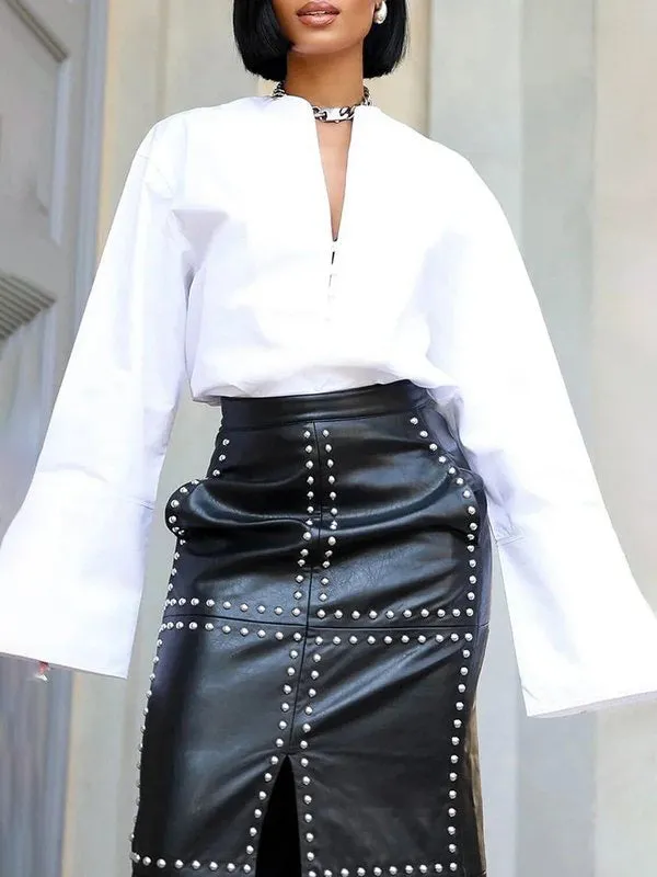 Beaded Solid Color Split-Front Wrap Skirts Bottoms
