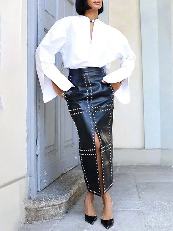 Beaded Solid Color Split-Front Wrap Skirts Bottoms