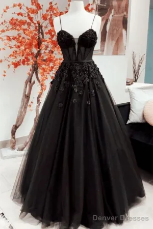Beautiful Black Tulle Applique Prom Dress Elegant Evening Dress Party Dress
