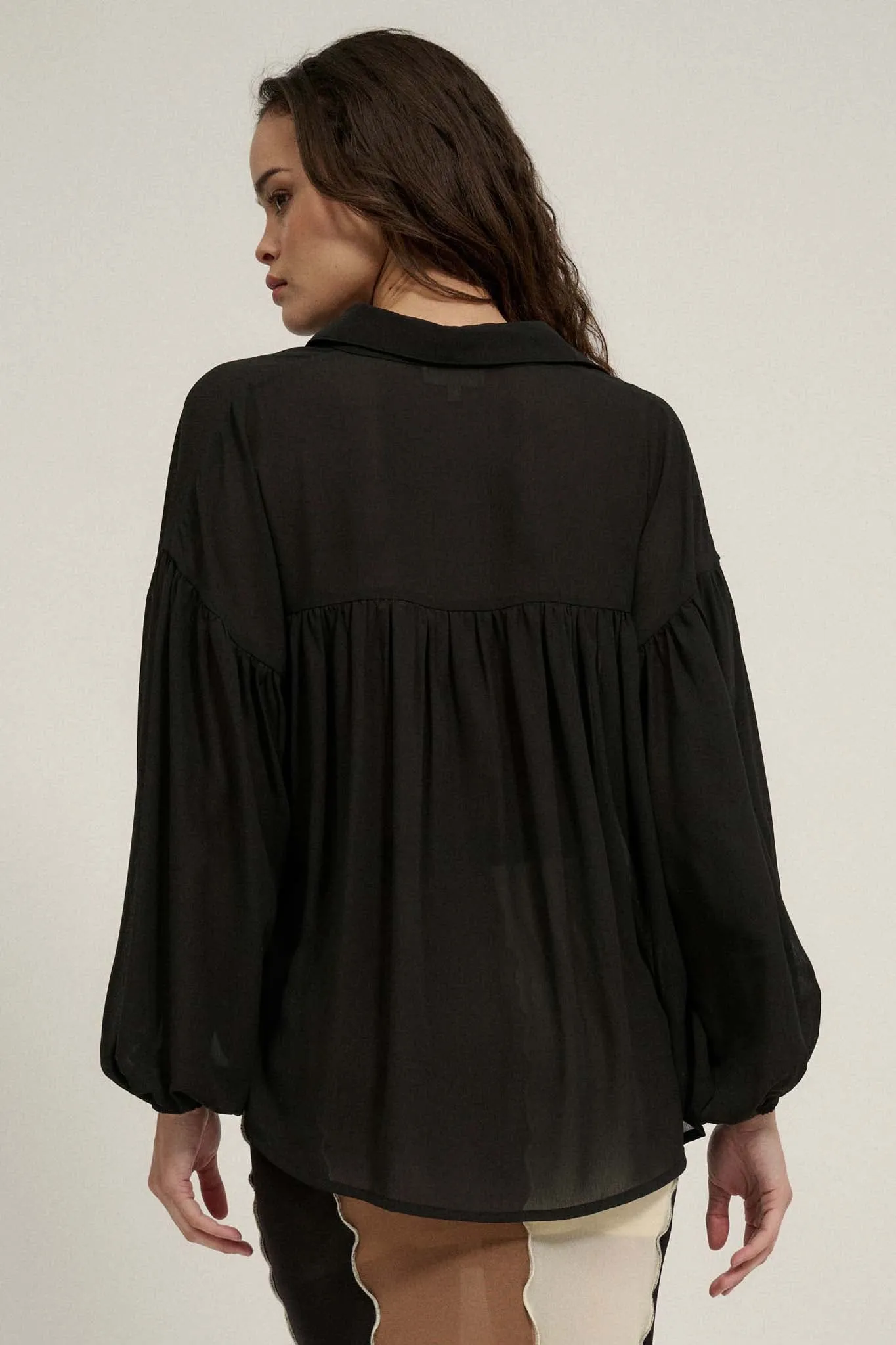 Big Sky Chiffon Balloon-Sleeve Oversize Shirt