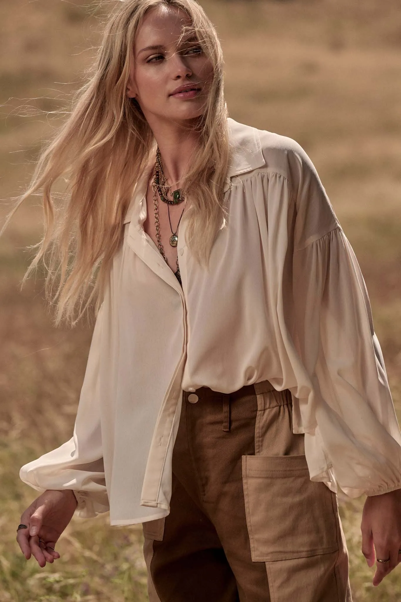 Big Sky Chiffon Balloon-Sleeve Oversize Shirt