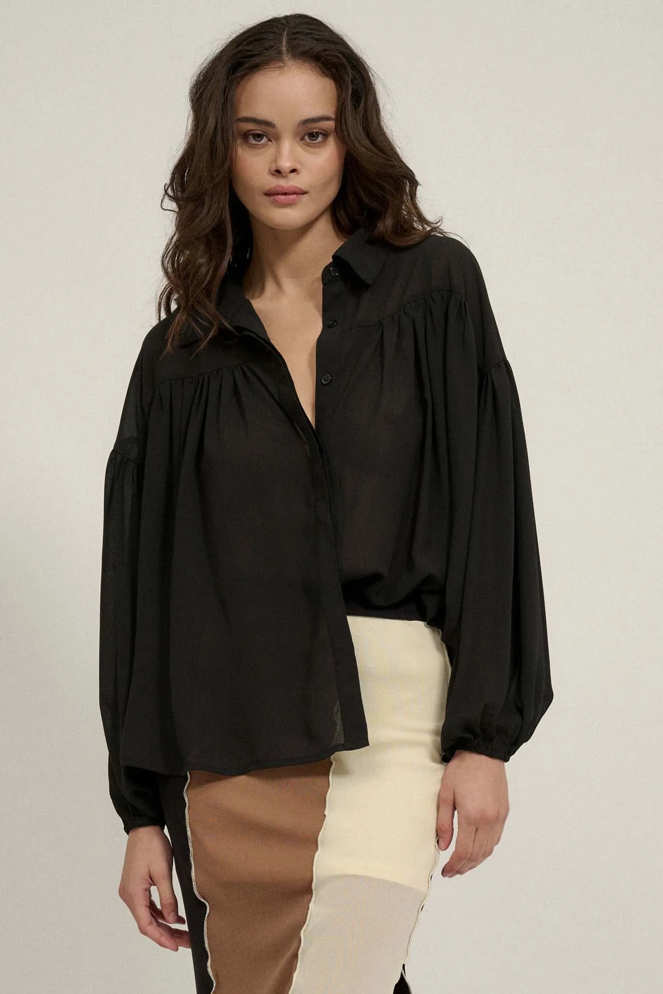 Big Sky Chiffon Balloon-Sleeve Oversize Shirt