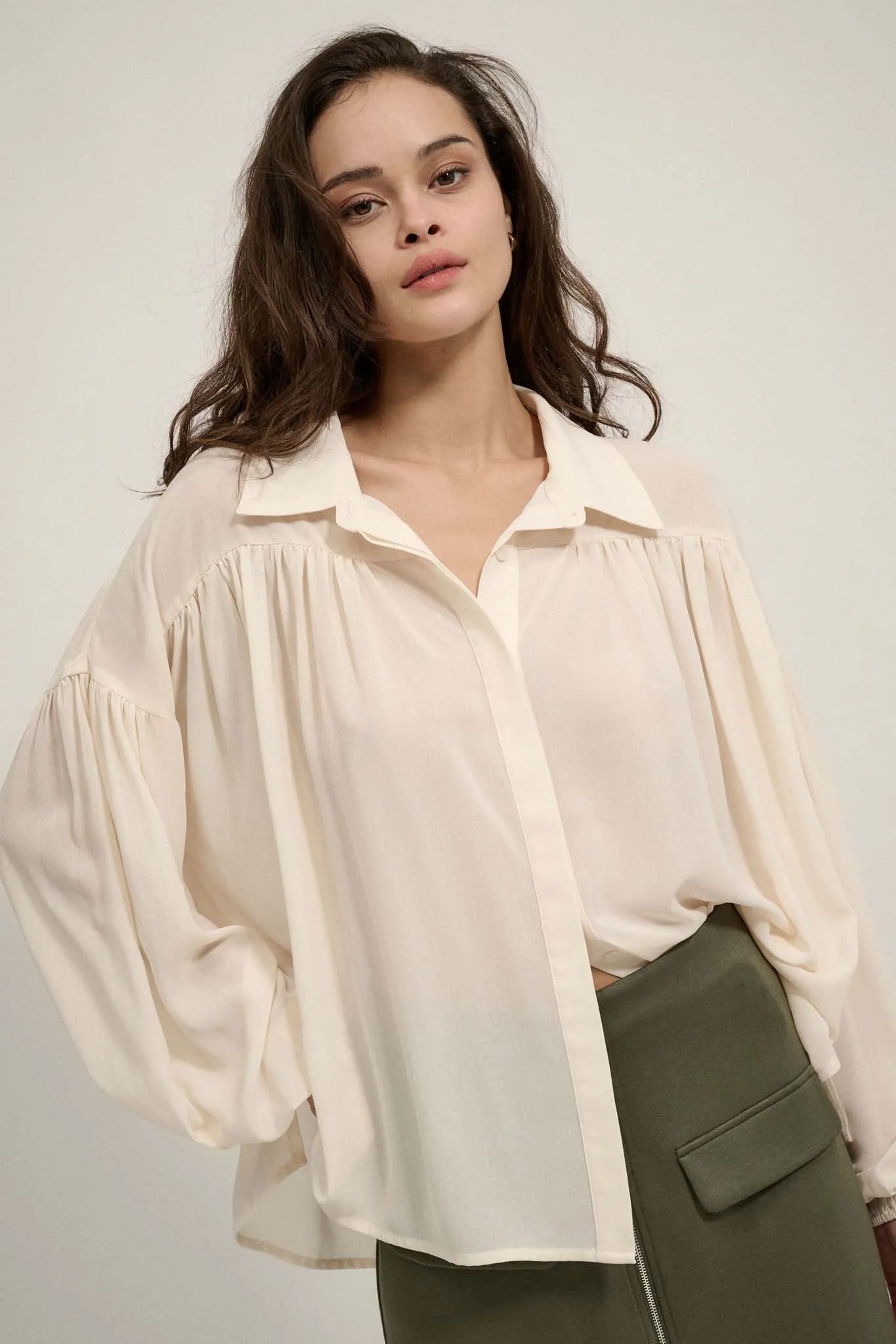 Big Sky Chiffon Balloon-Sleeve Oversize Shirt