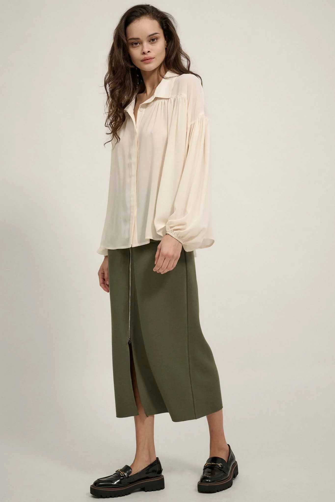 Big Sky Chiffon Balloon-Sleeve Oversize Shirt