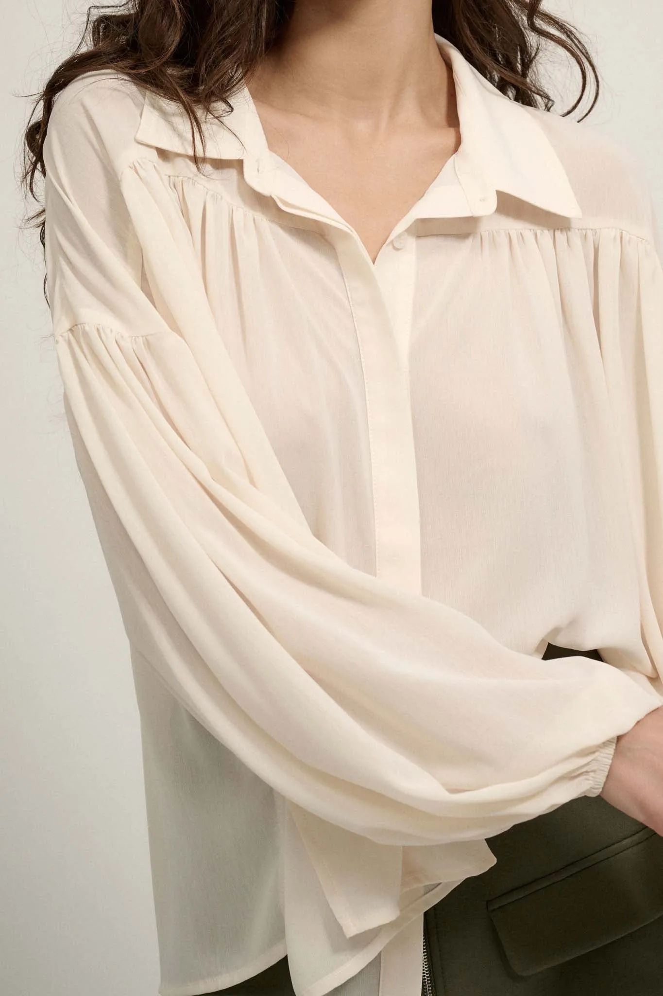 Big Sky Chiffon Balloon-Sleeve Oversize Shirt