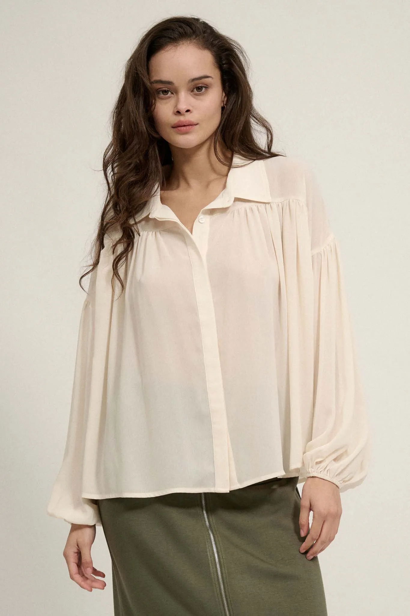 Big Sky Chiffon Balloon-Sleeve Oversize Shirt