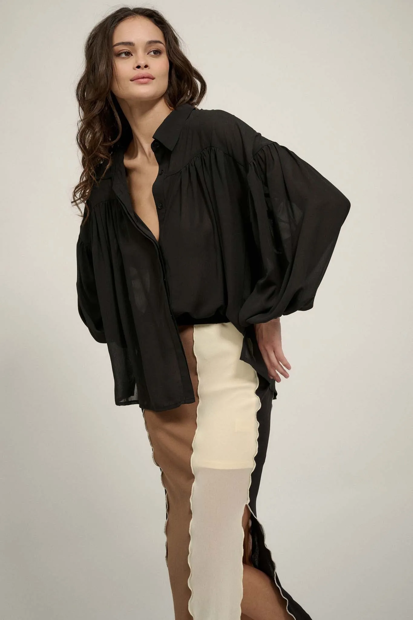 Big Sky Chiffon Balloon-Sleeve Oversize Shirt