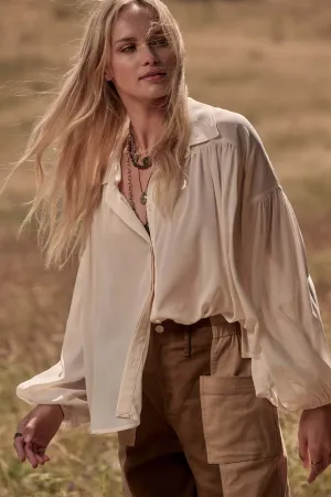 Big Sky Chiffon Balloon-Sleeve Oversize Shirt