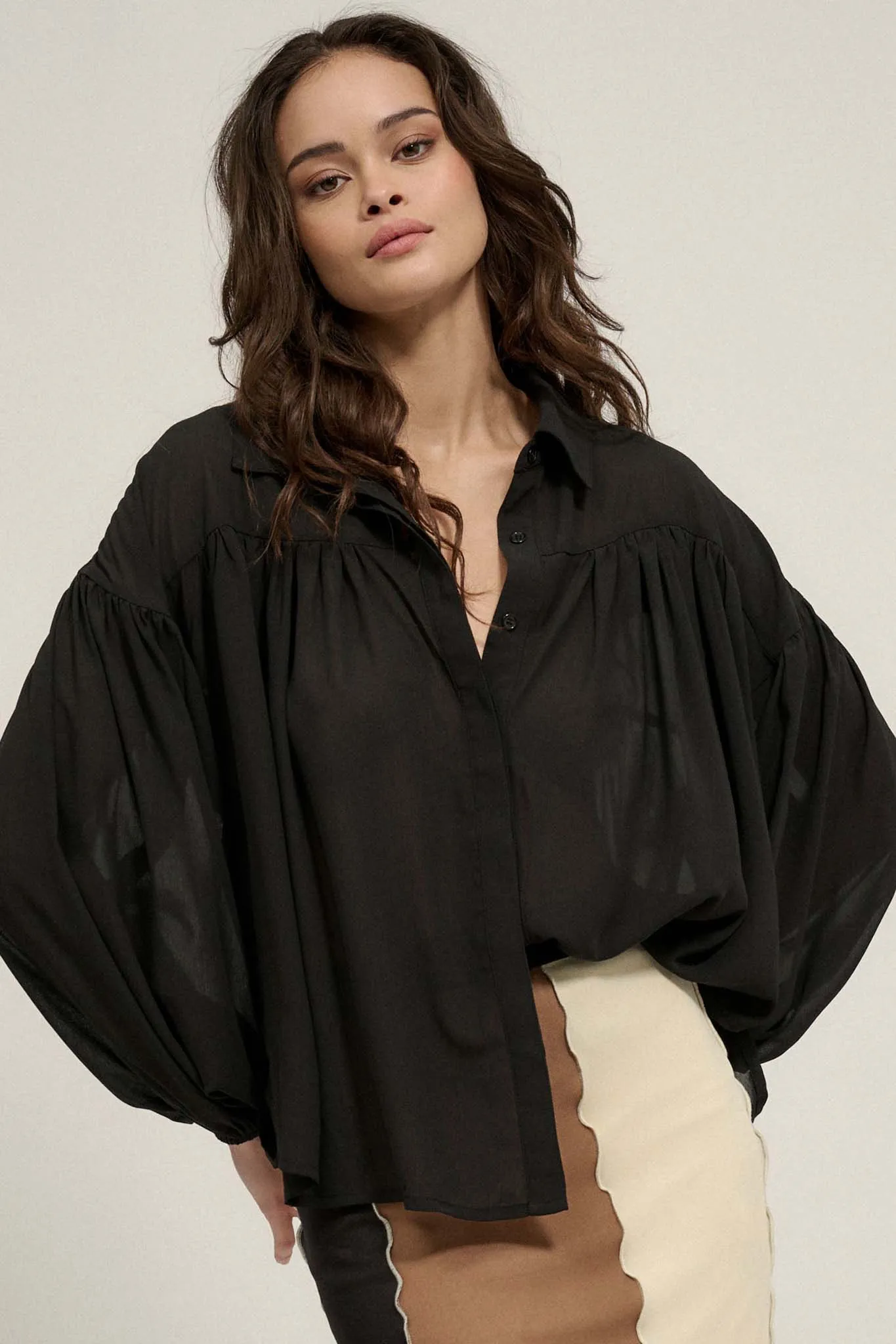 Big Sky Chiffon Balloon-Sleeve Oversize Shirt