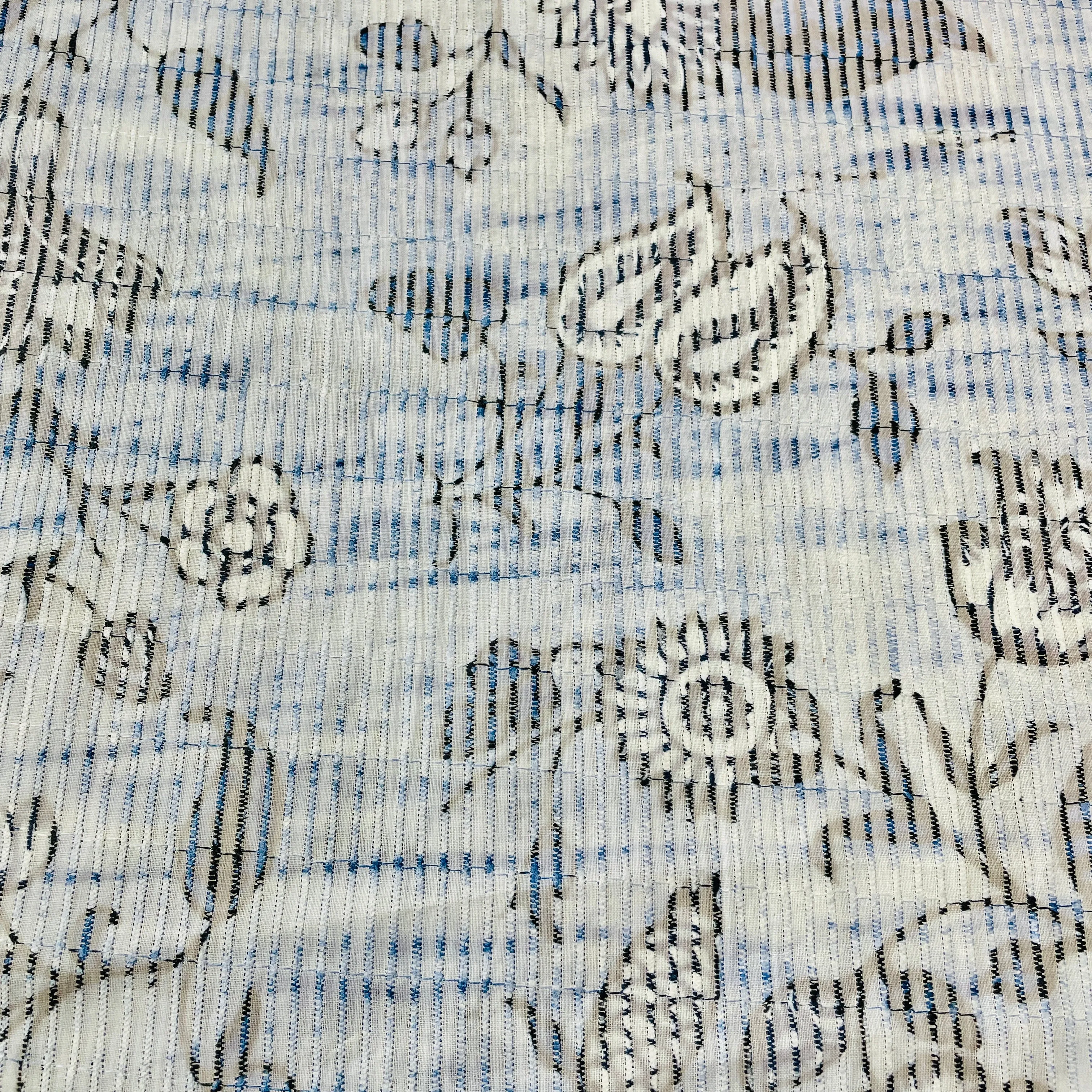 Blue Black Digital Floral Print Embroidery Cotton Fabric