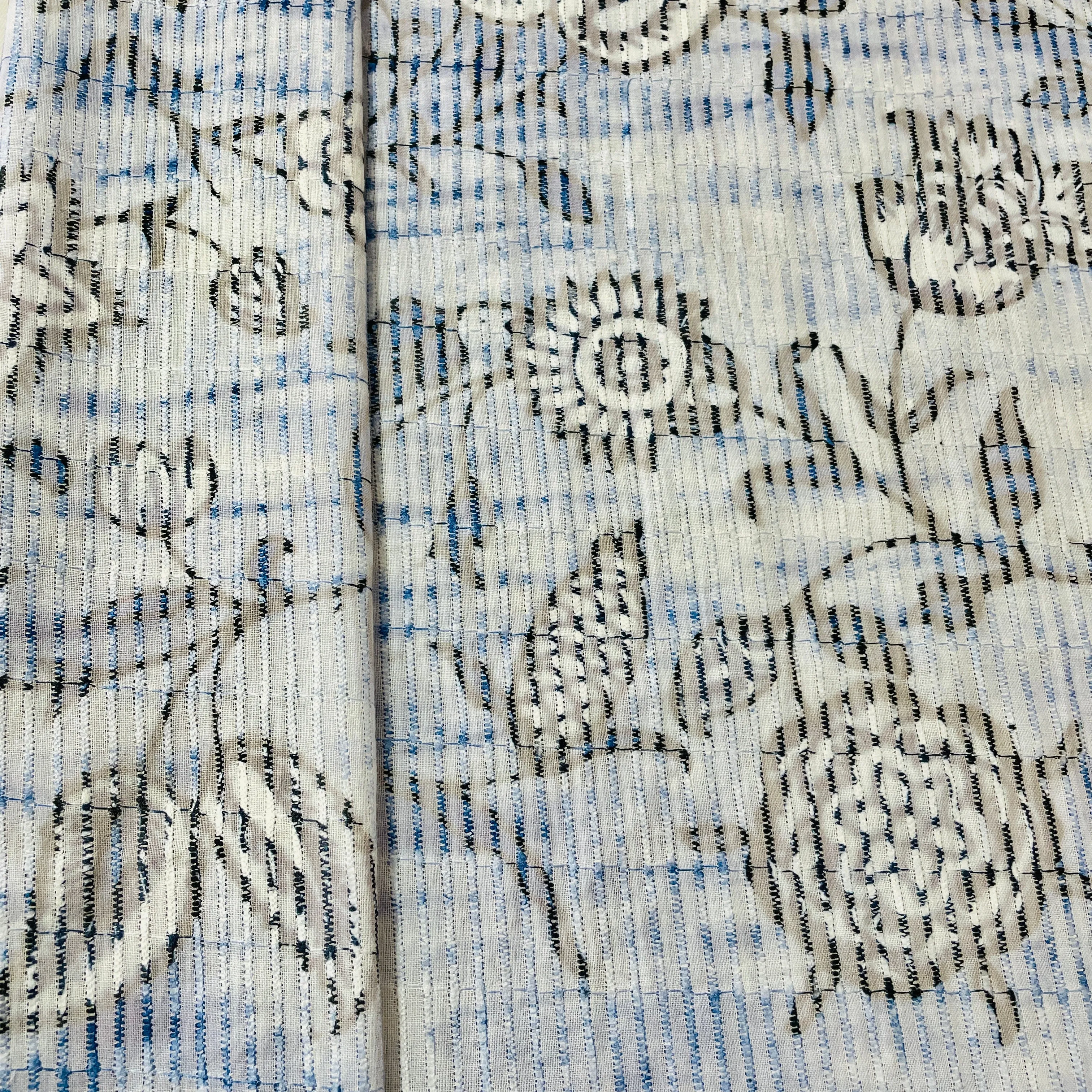 Blue Black Digital Floral Print Embroidery Cotton Fabric