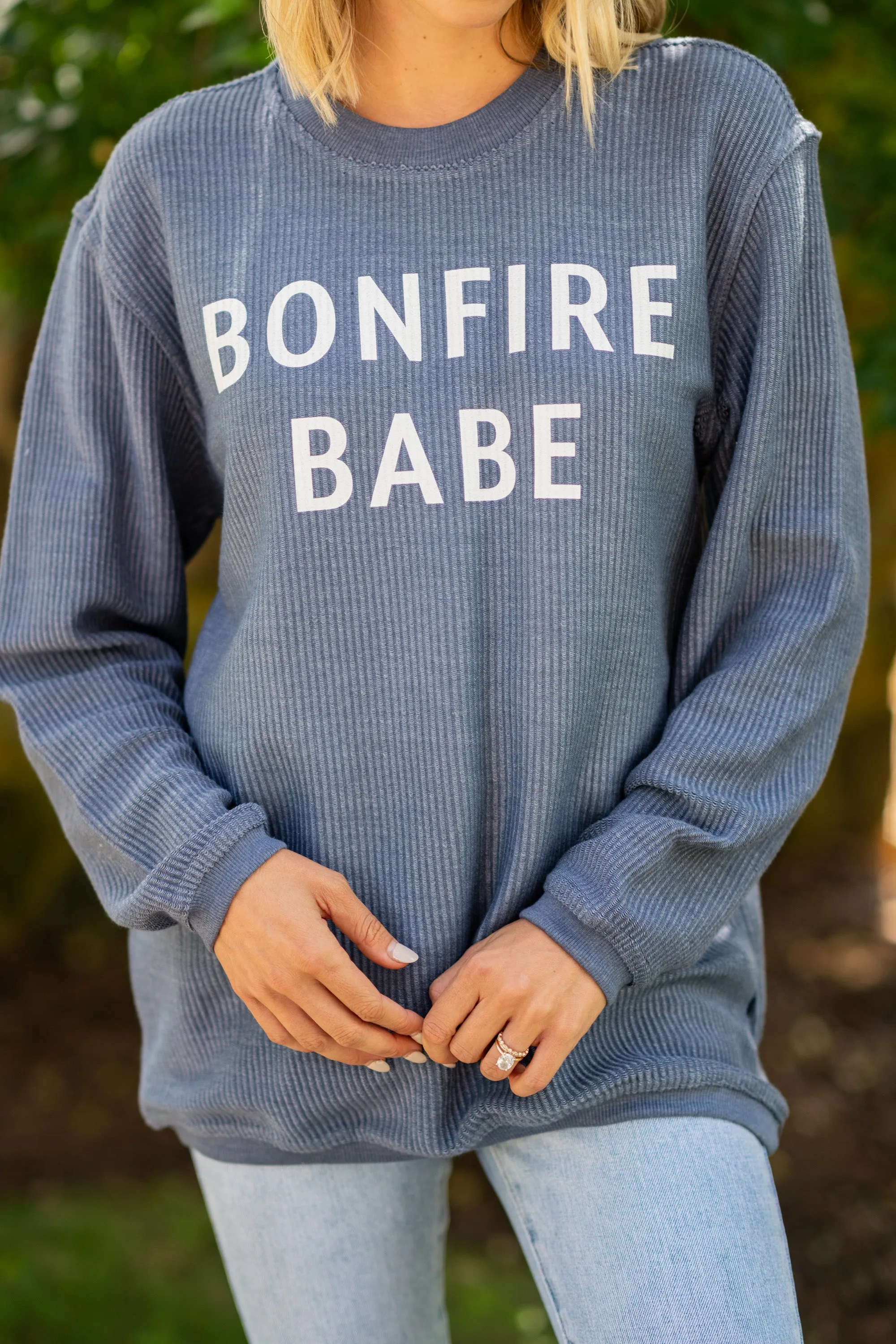 Bonfire Babe Navy Blue Corded Graphic Sweatshirt
