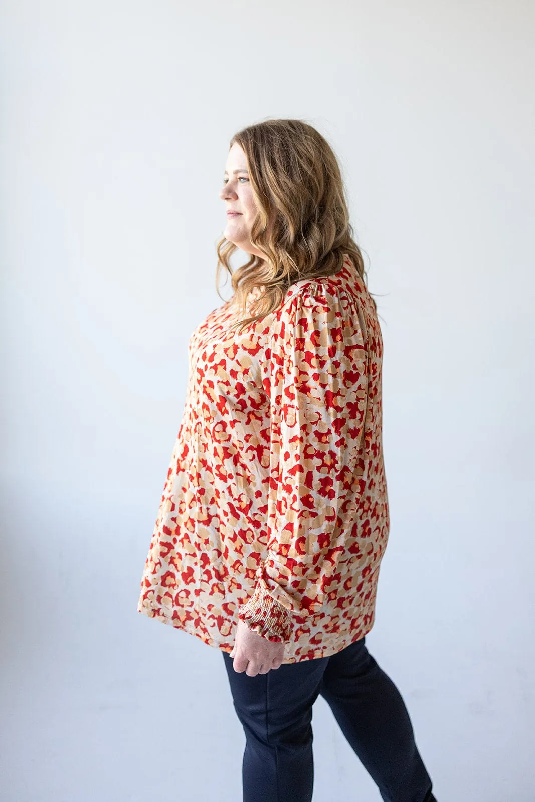 BREEZY ABSTRACT PRINT TUNIC WITH CUFFED SLEEVES