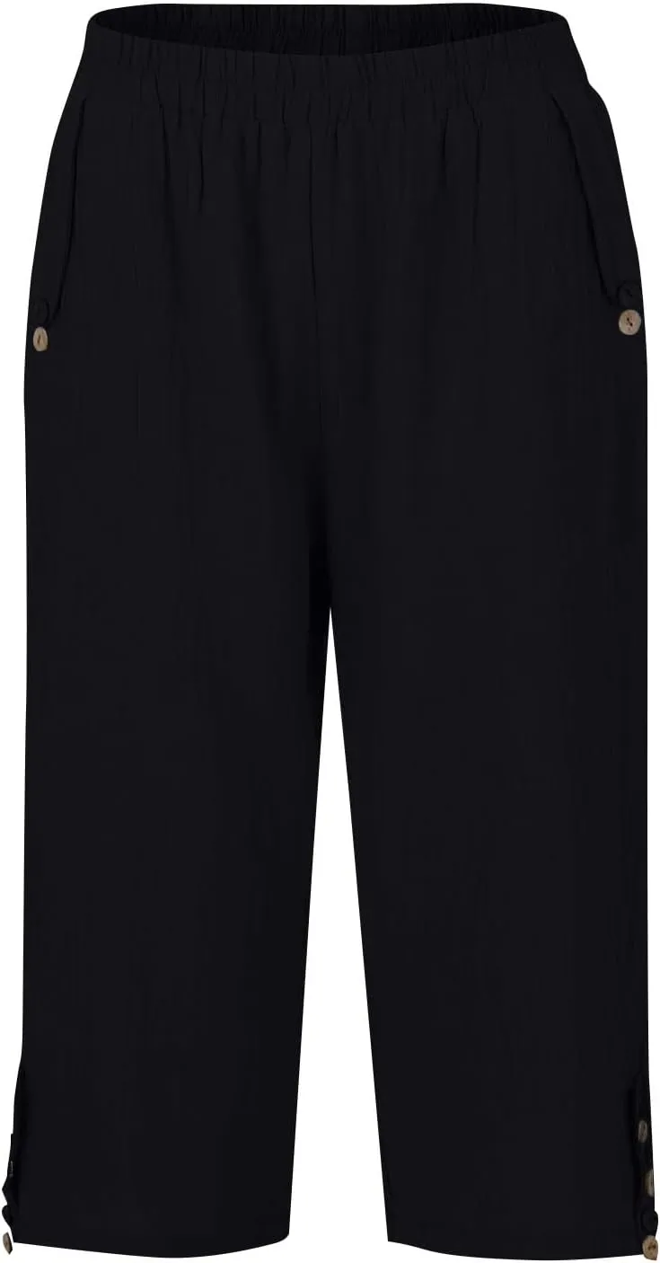 Capri Linen Pants for Women Petite Women's Wide Leg Pants Casual Drawstring Lounge Palazzo Loose Trousers