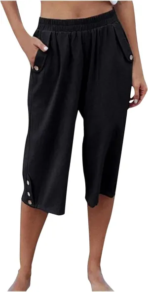 Capri Linen Pants for Women Petite Women's Wide Leg Pants Casual Drawstring Lounge Palazzo Loose Trousers