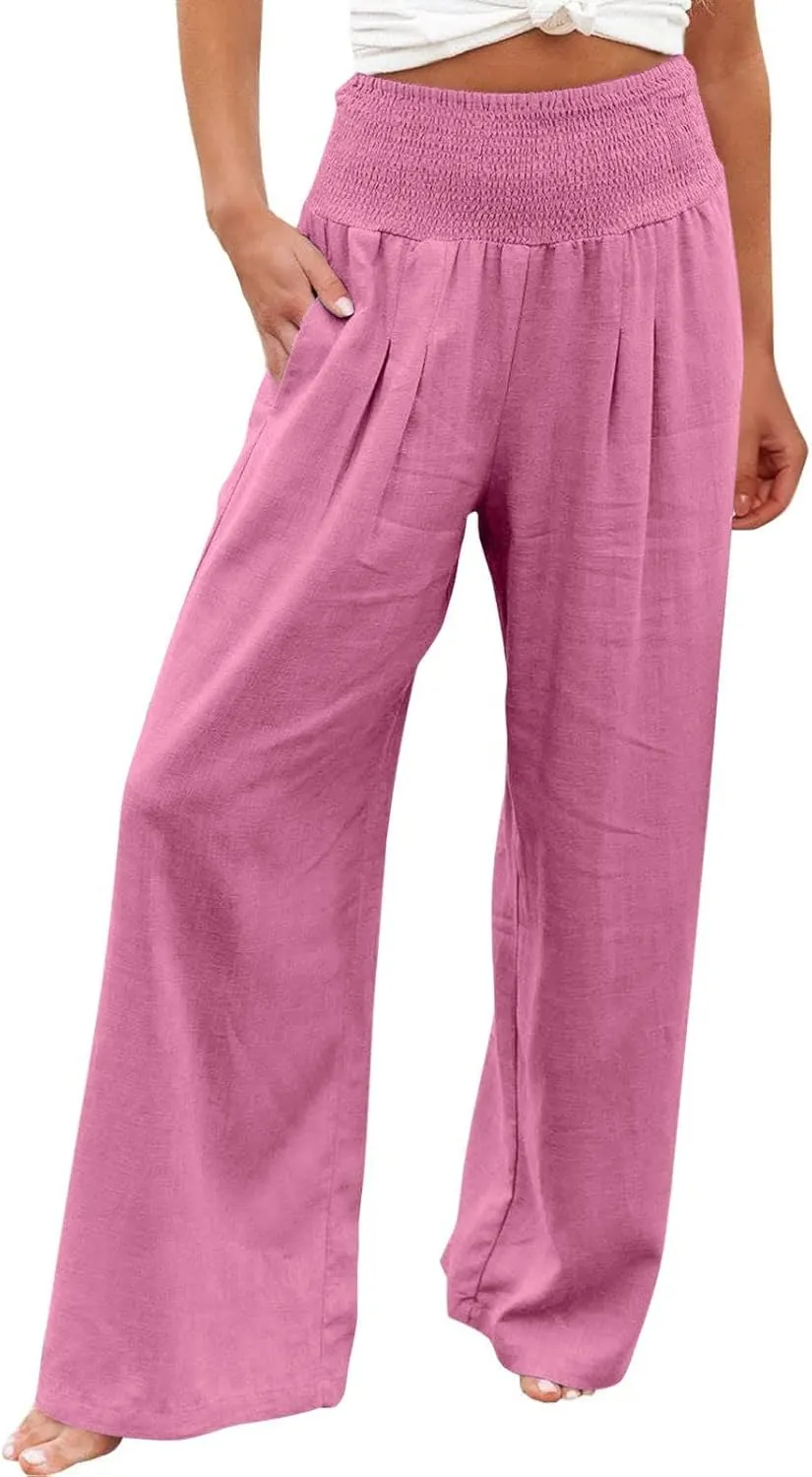 Capri Linen Pants for Women Petite Women's Wide Leg Pants Casual Drawstring Lounge Palazzo Loose Trousers