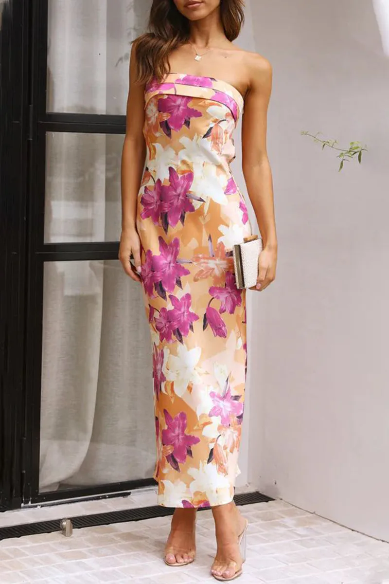 Celebrities Elegant Floral Backless Strapless Printed Dresses