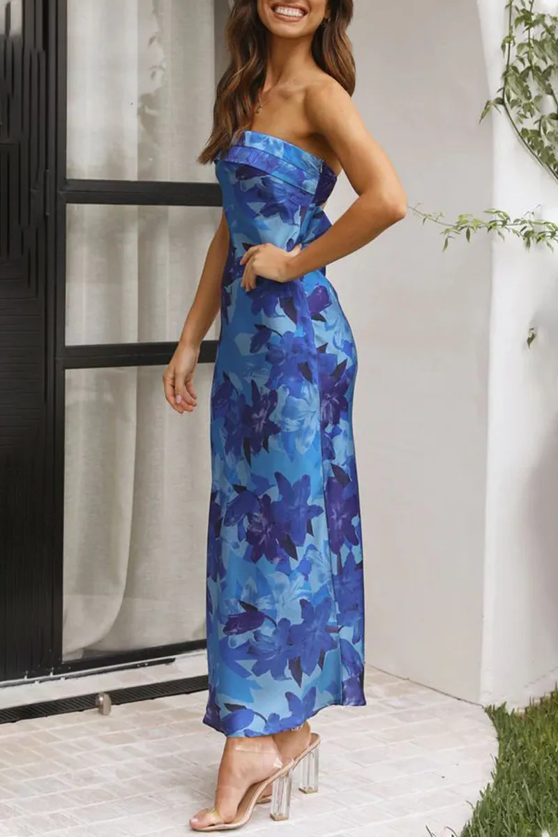 Celebrities Elegant Floral Backless Strapless Printed Dresses
