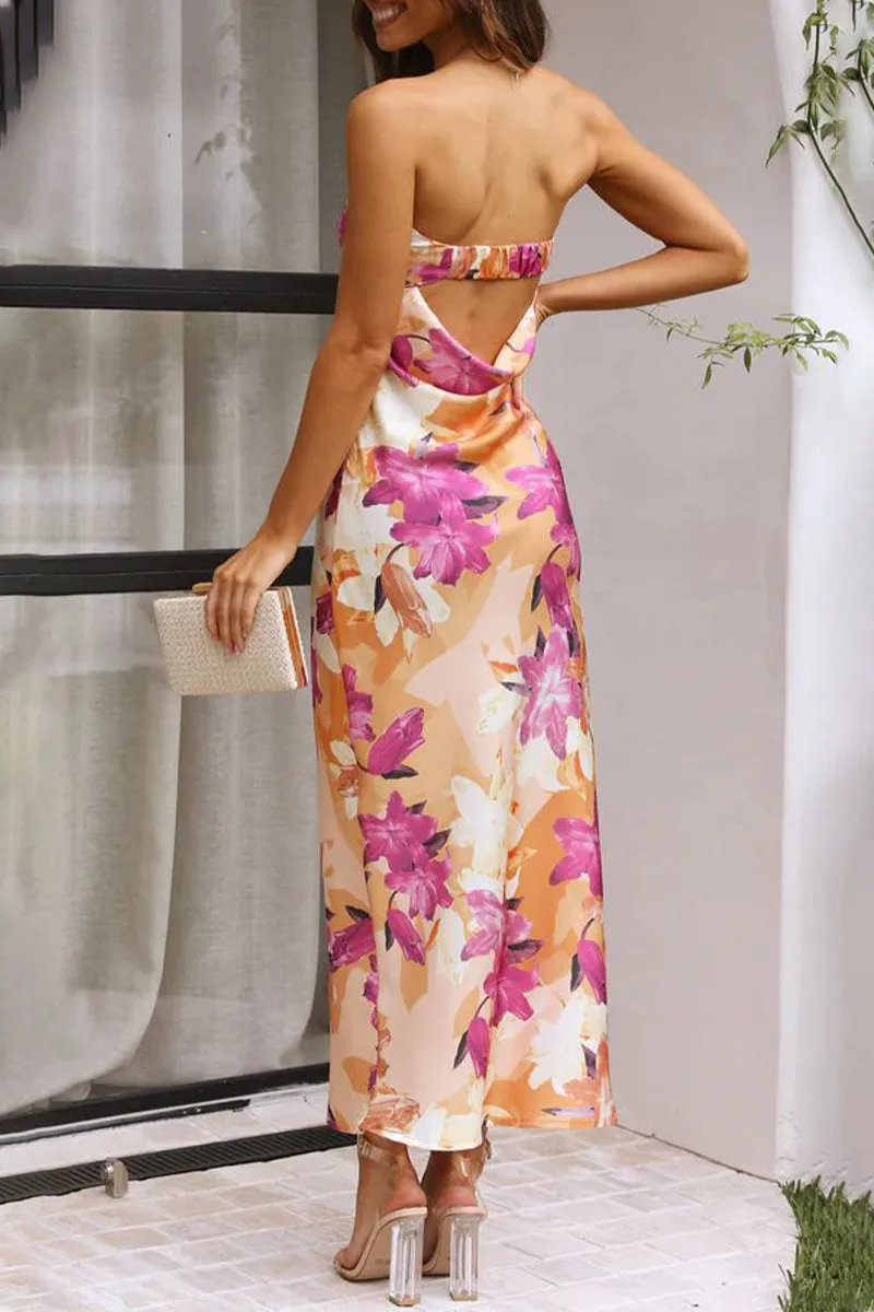 Celebrities Elegant Floral Backless Strapless Printed Dresses