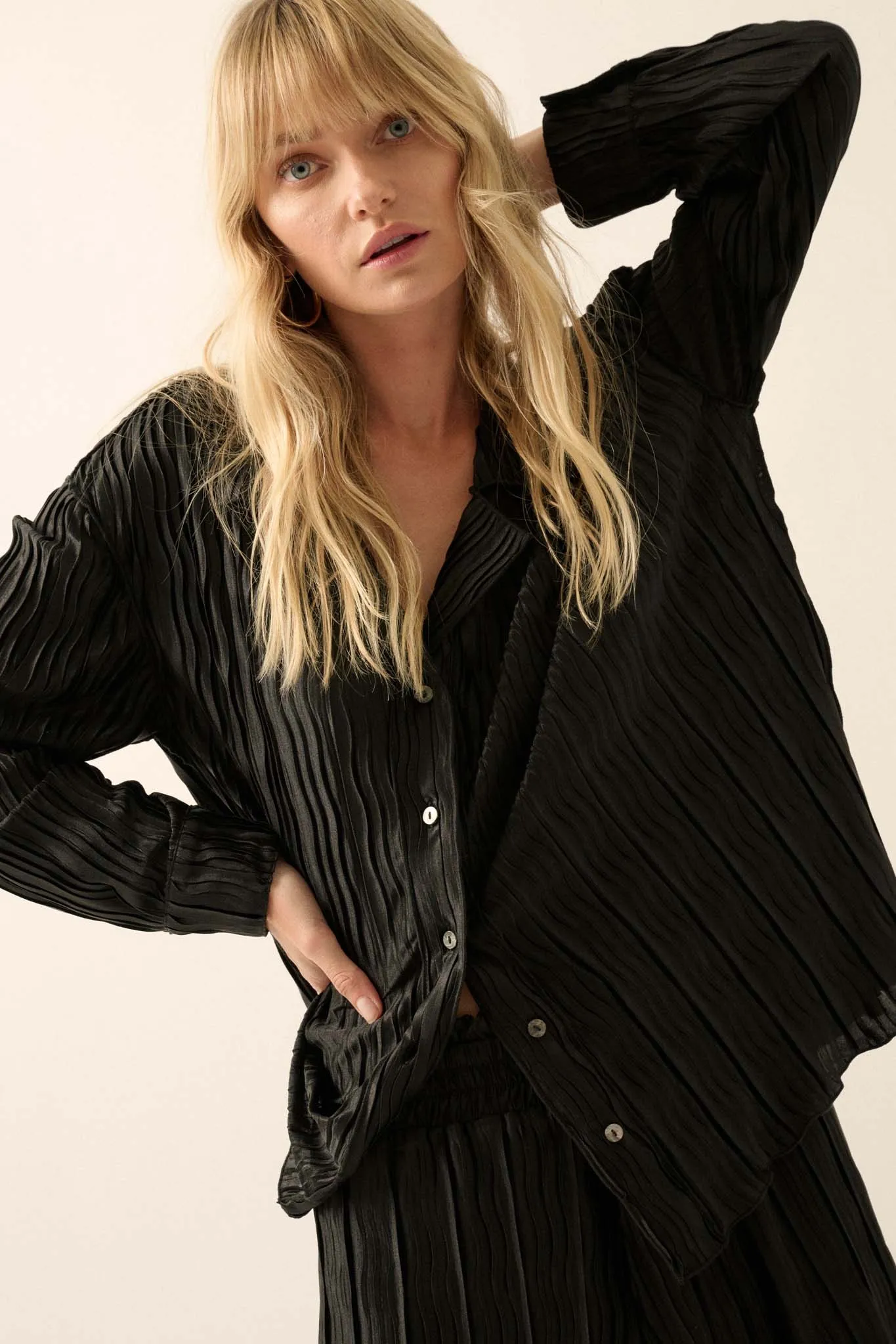 Changing Tides Pleated Satin Button-Up Shirt