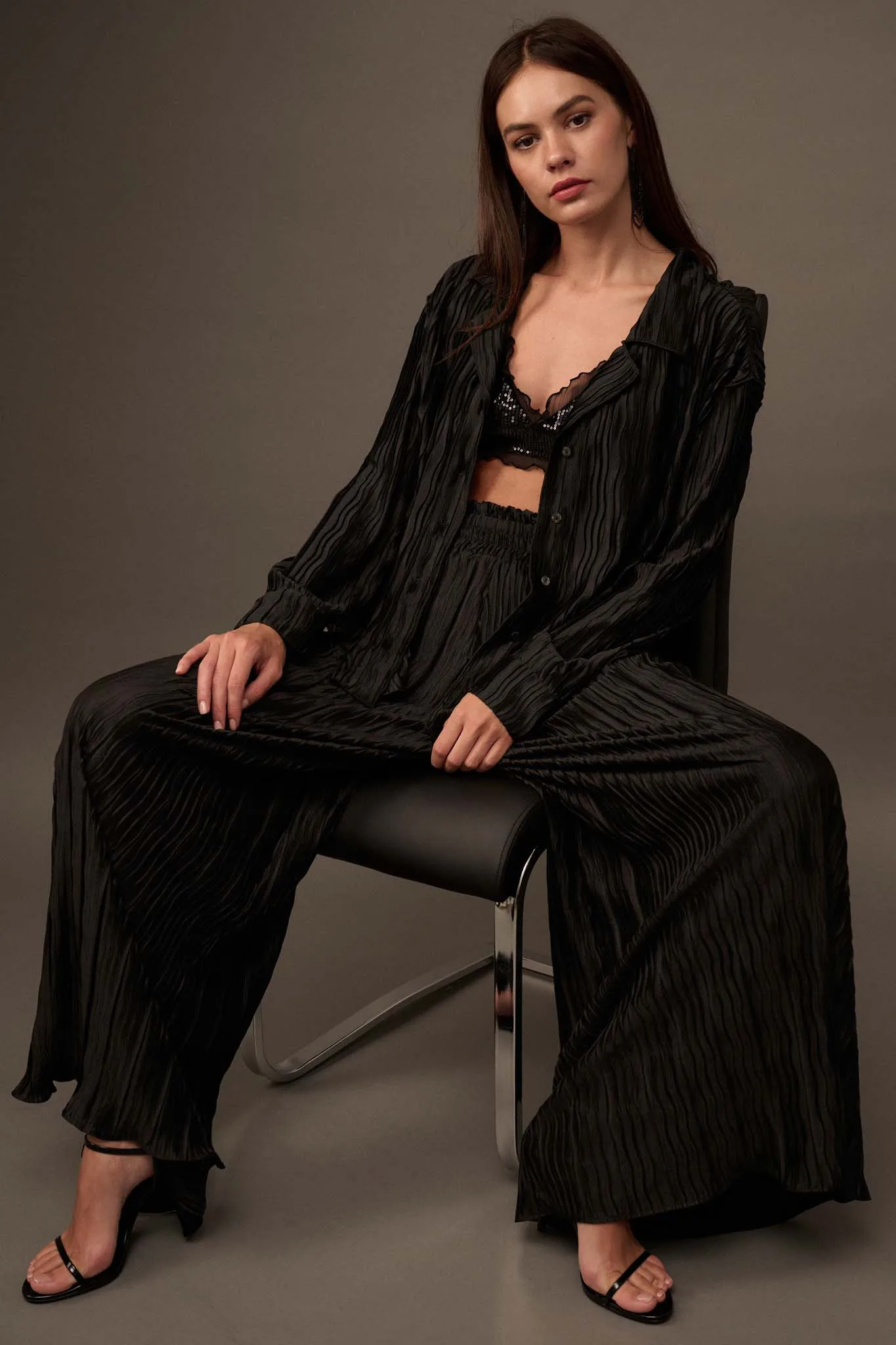 Changing Tides Pleated Satin Button-Up Shirt