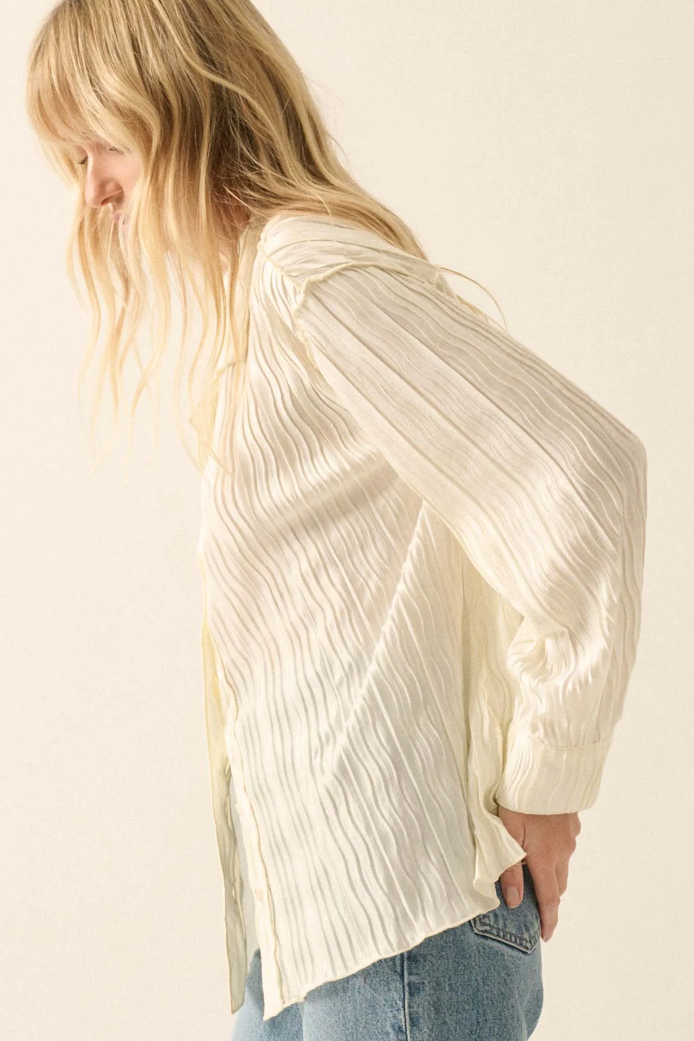 Changing Tides Pleated Satin Button-Up Shirt