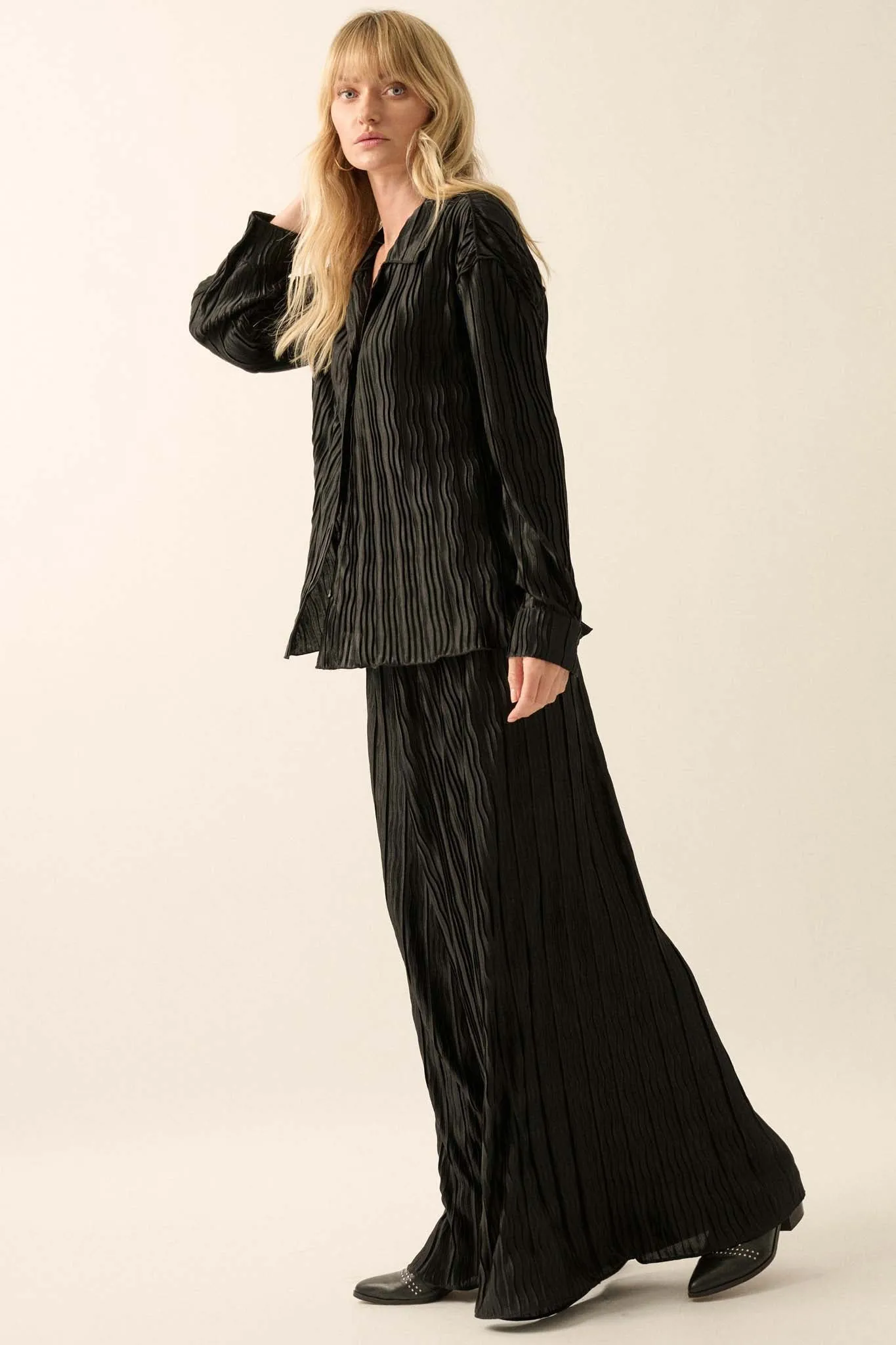 Changing Tides Pleated Satin Button-Up Shirt
